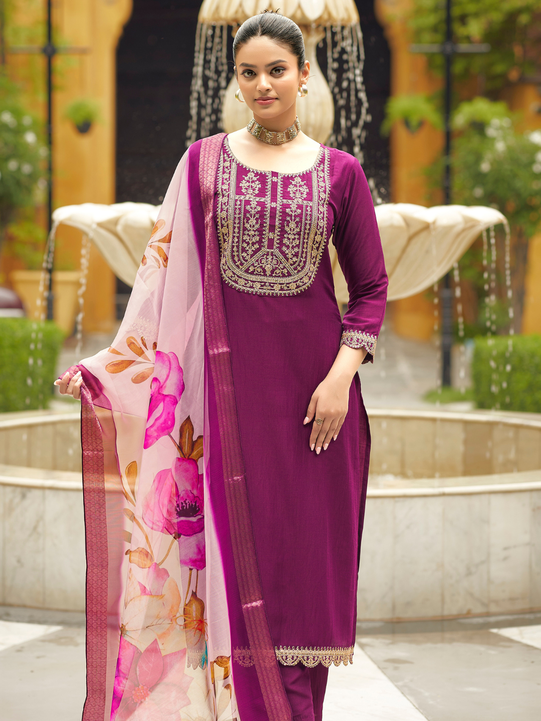 Wine Self Design Chinon Straight Kurta With Printed Dupatta