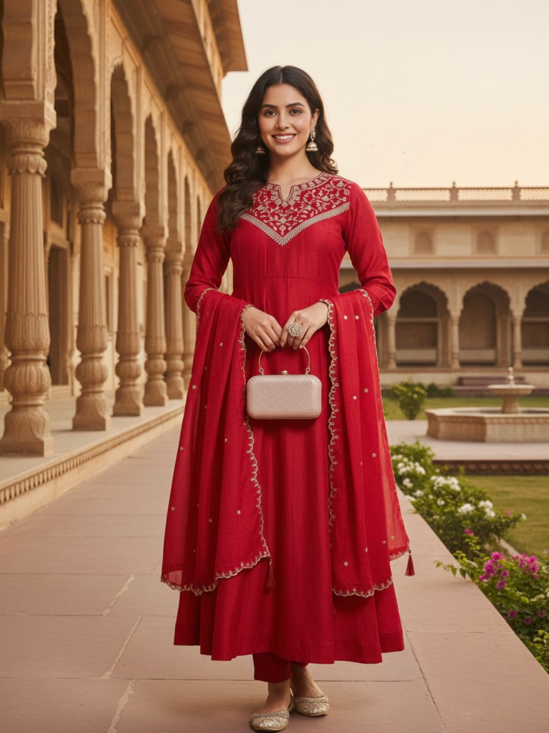 Red Embroidered Silk Anarkali Kurta With Dupatta Set