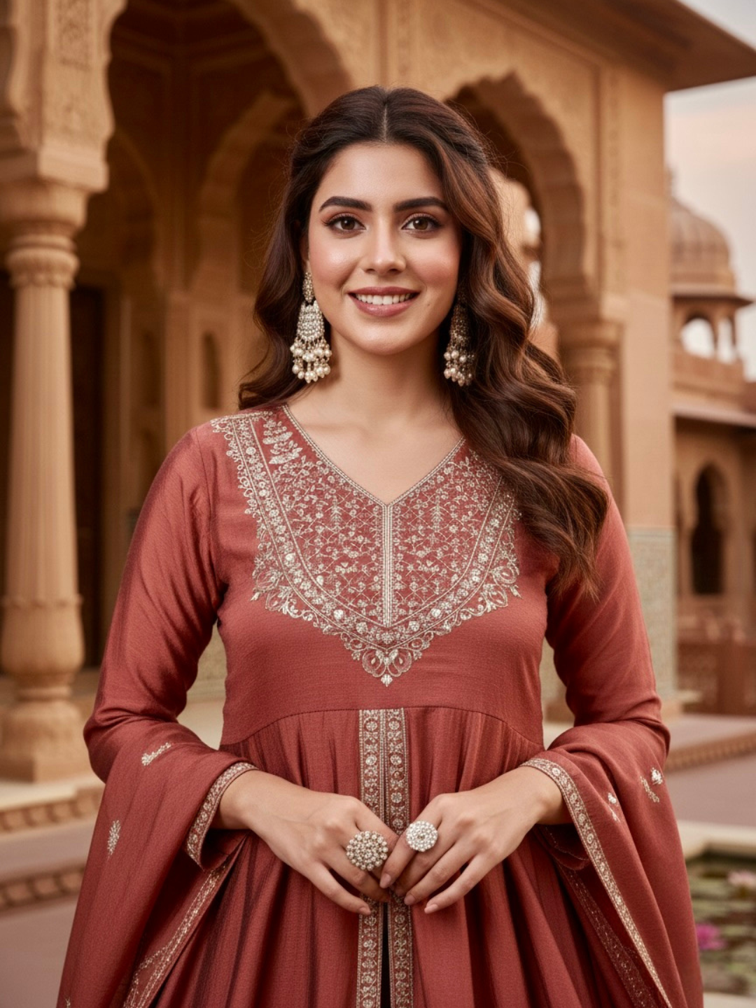 Rust Silk Embroidered Anarkali Kurta With Dupatta Set for Women