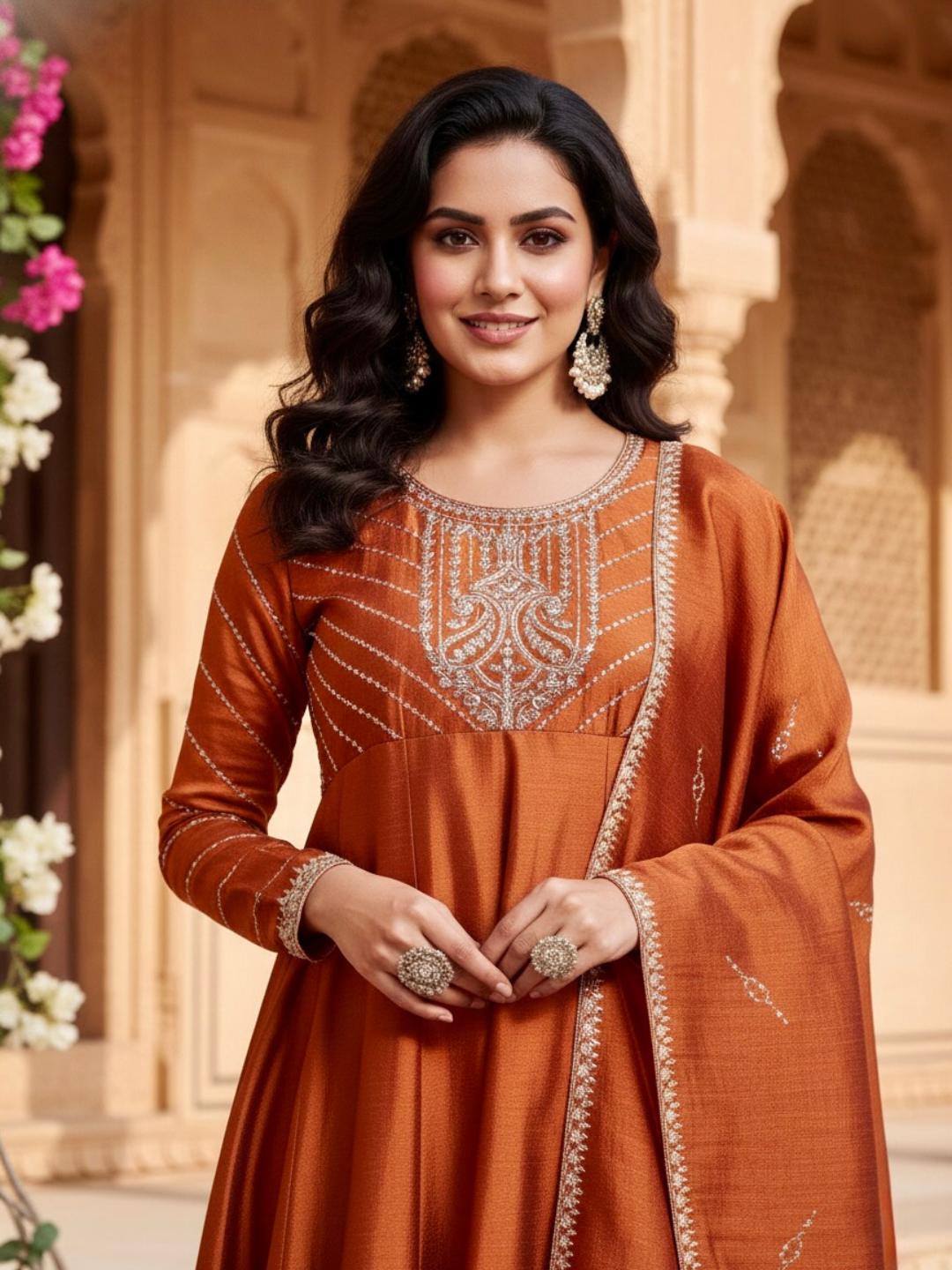 Rust Embroidered Silk Anarkali Kurta With Dupatta Set