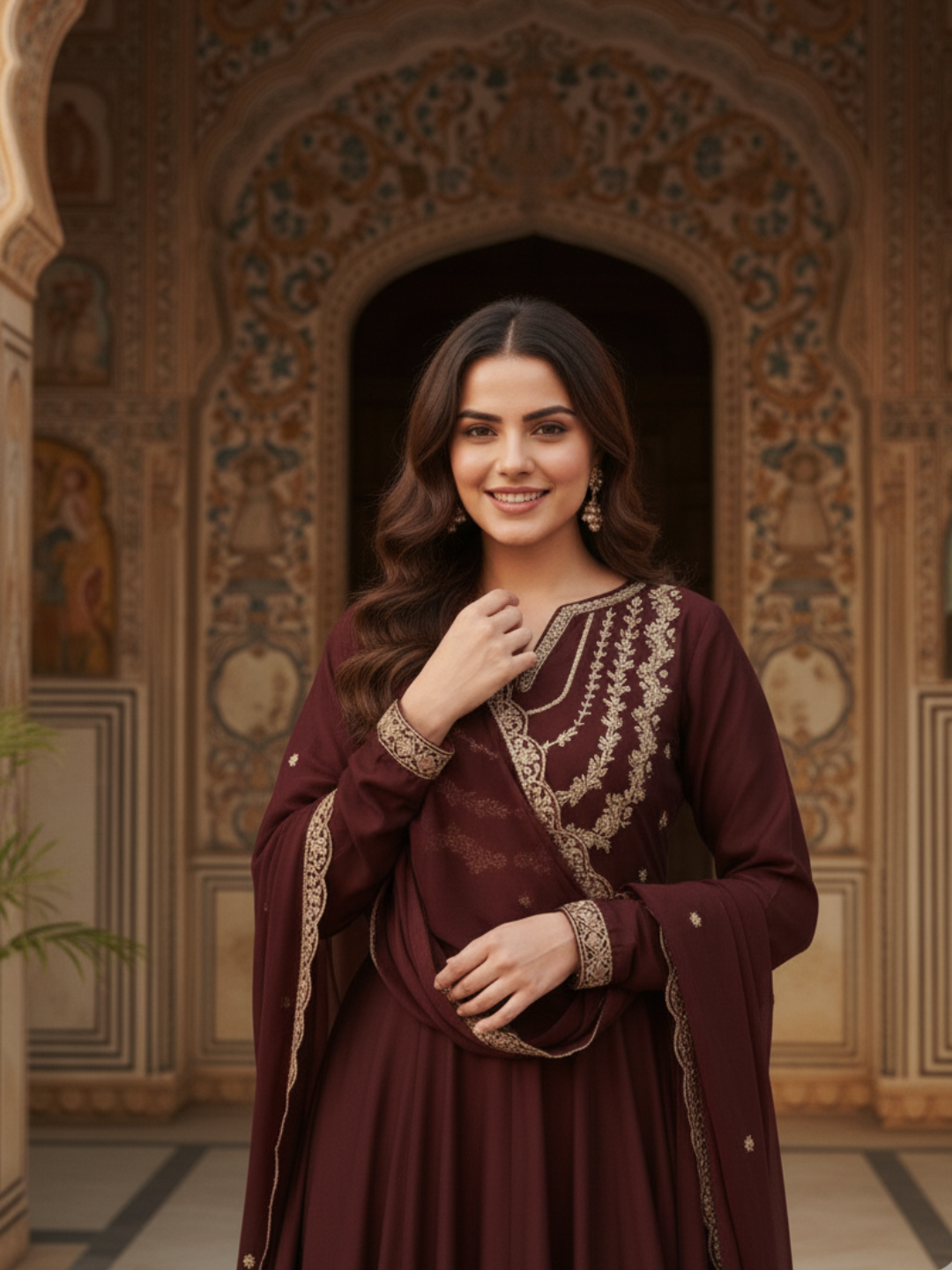 Brown Embroidered Silk Blend Anarkali Kurta With Dupatta Set