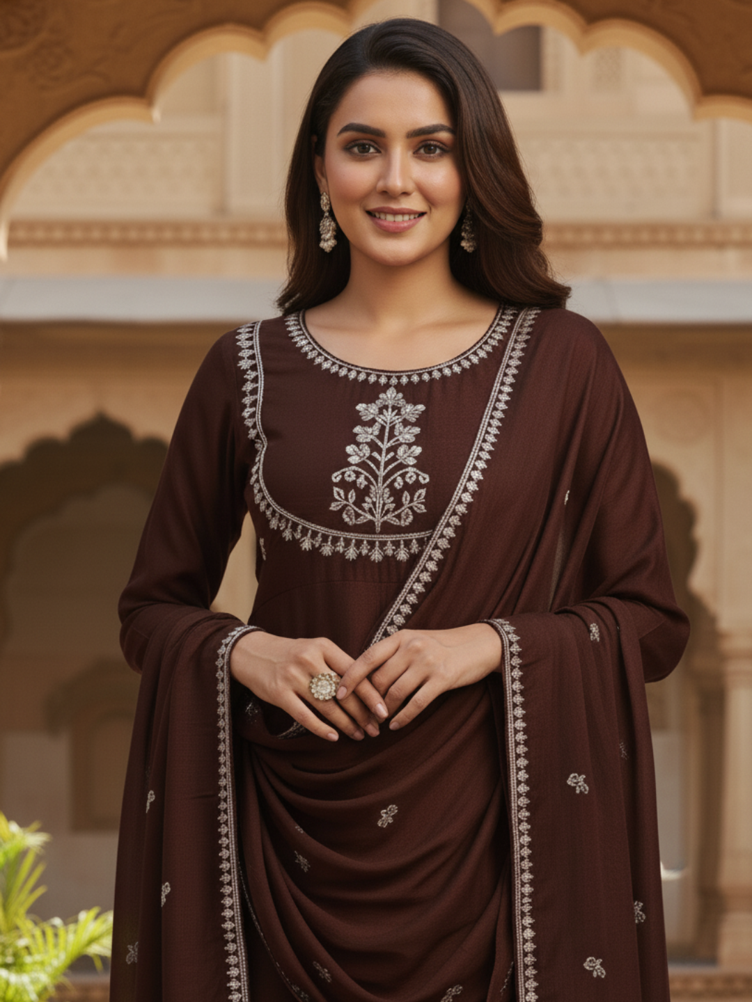 Coffee Embroidered Silk Anarkali Kurta With Dupatta Set