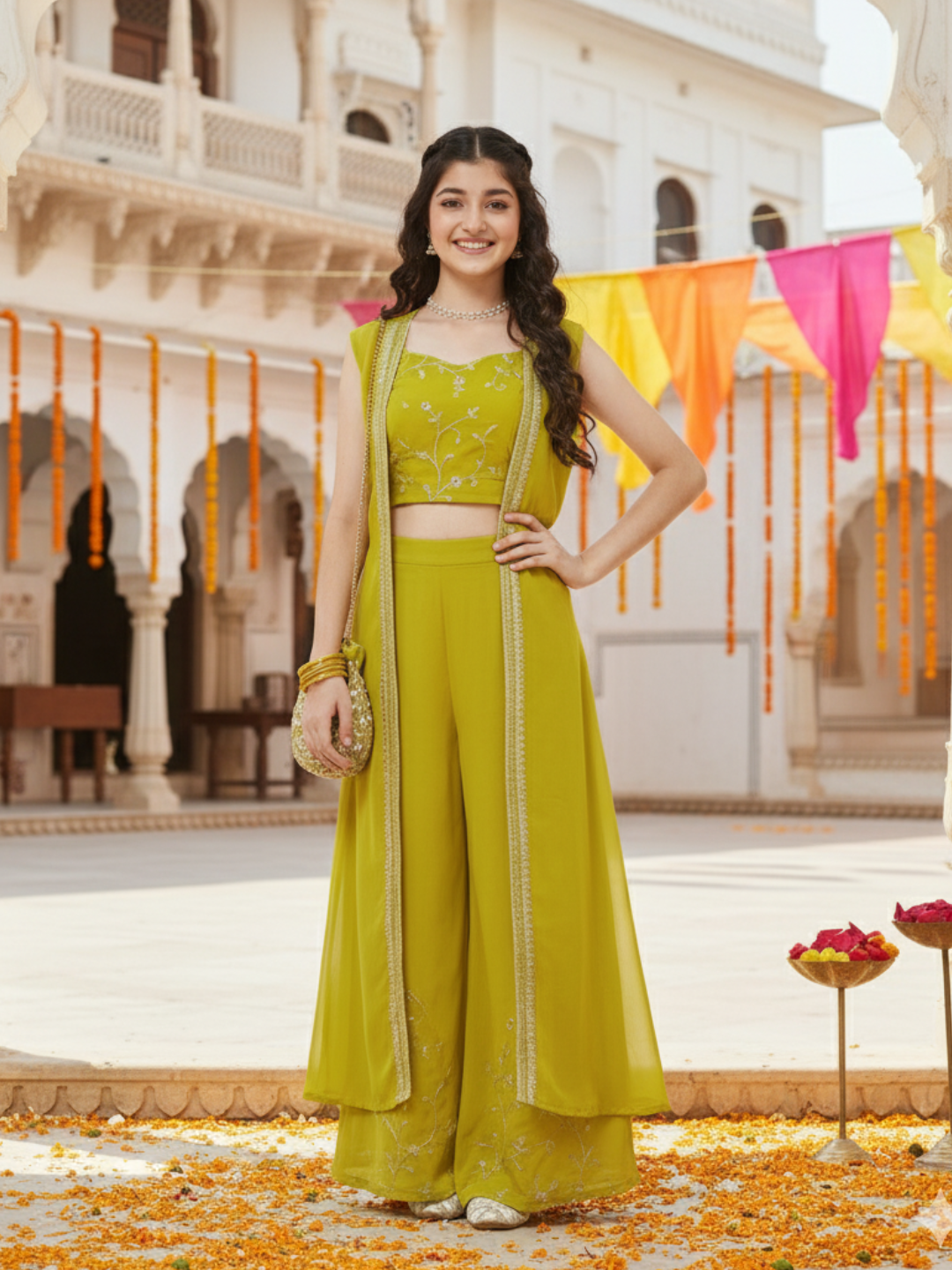 Neon Embroidered Georgette Top, Plazoo Shurg Set for girls