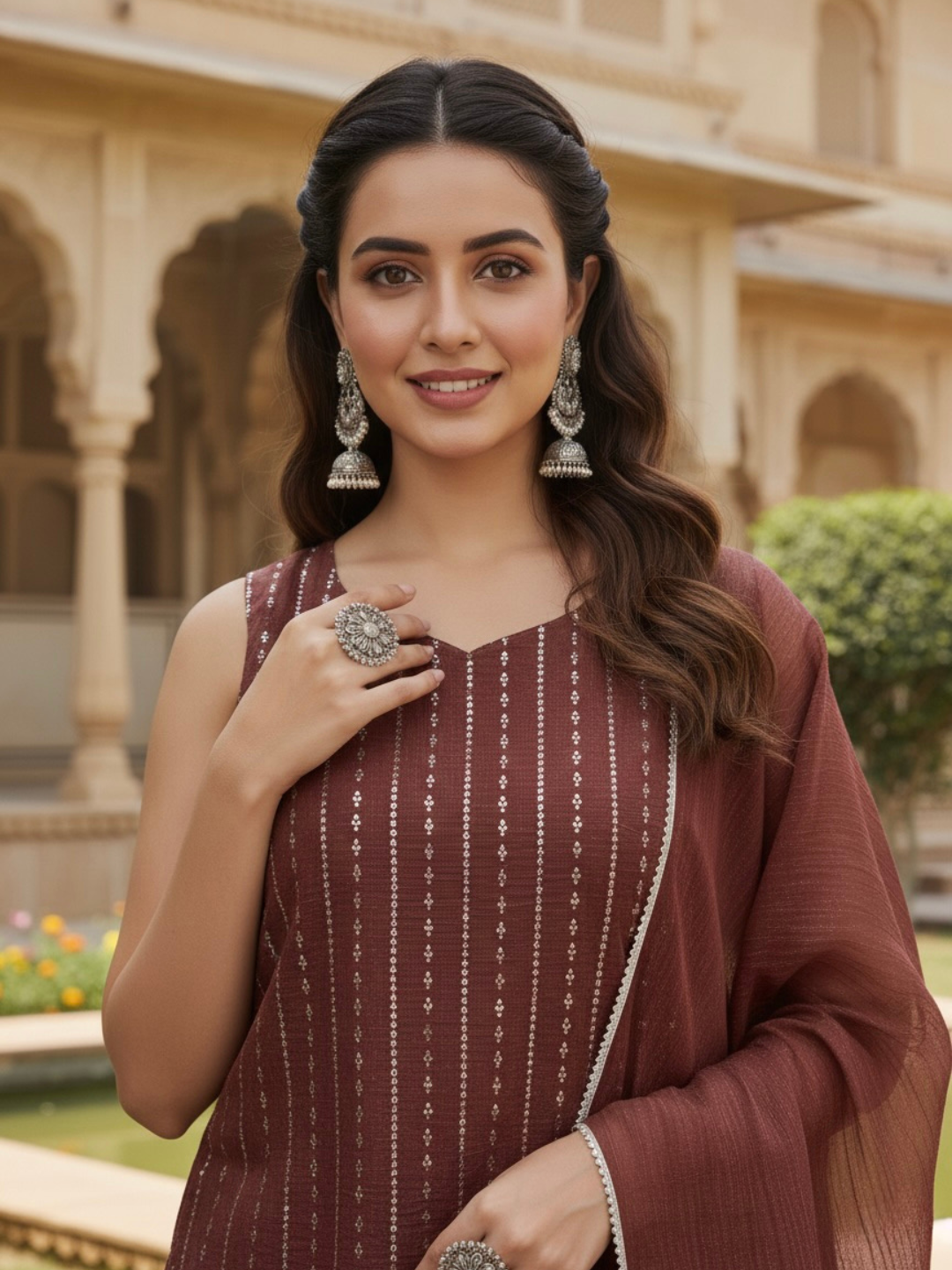 Coffee Silk Embroidered Straight Suit Set with Dupatta | front side half image