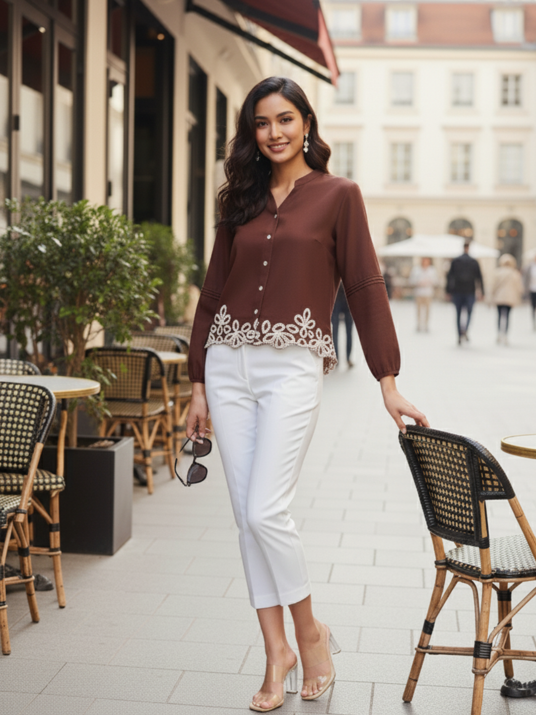 Coffee  Embroidered Full Sleeves Regular Rayon Shirt