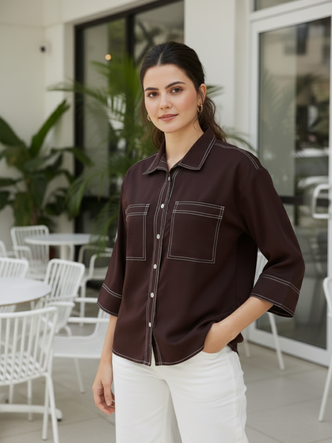 Coffee Crepe Plain Regular shirt for woman