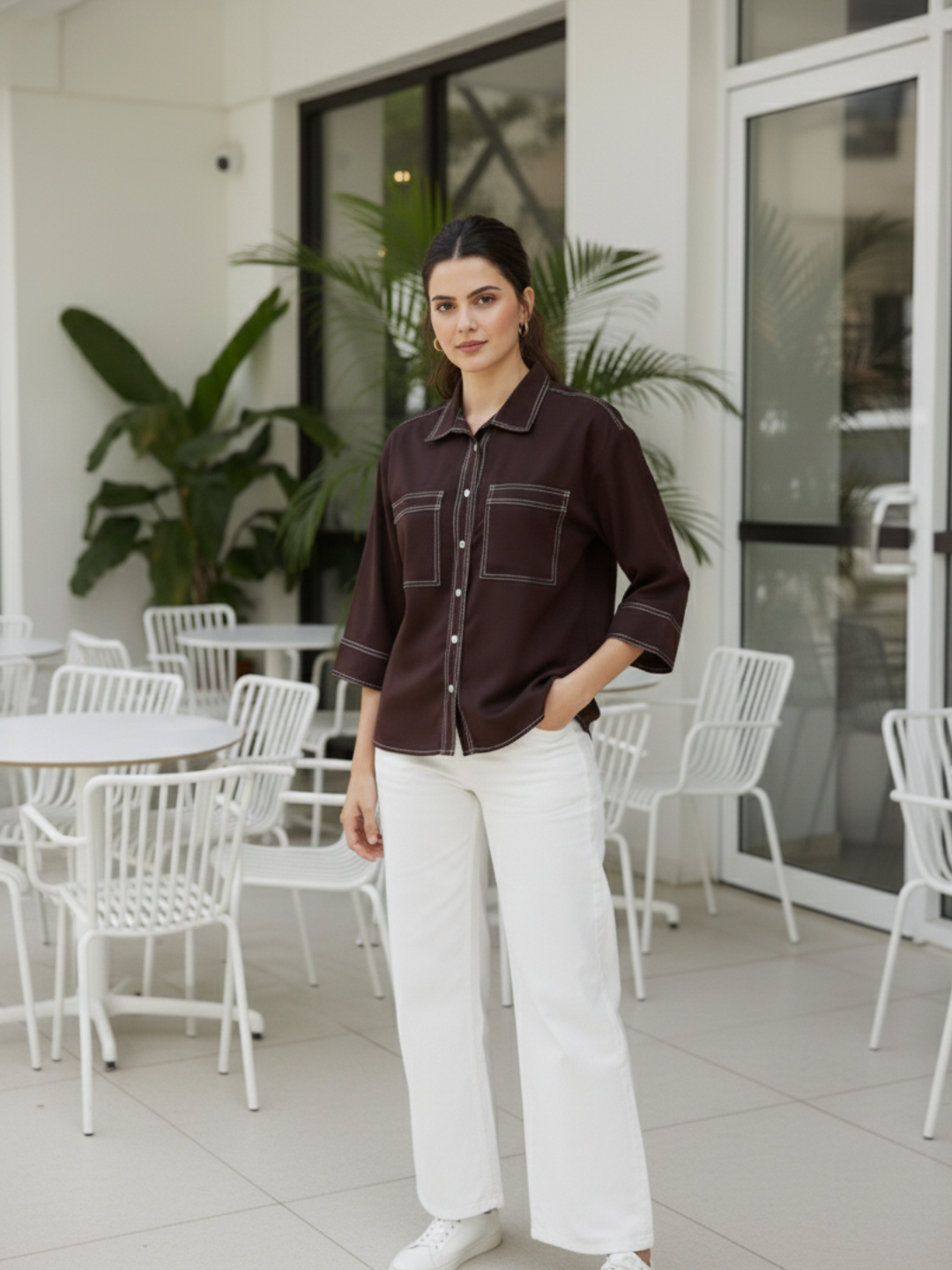 Coffee Crepe Plain Regular shirt for woman
