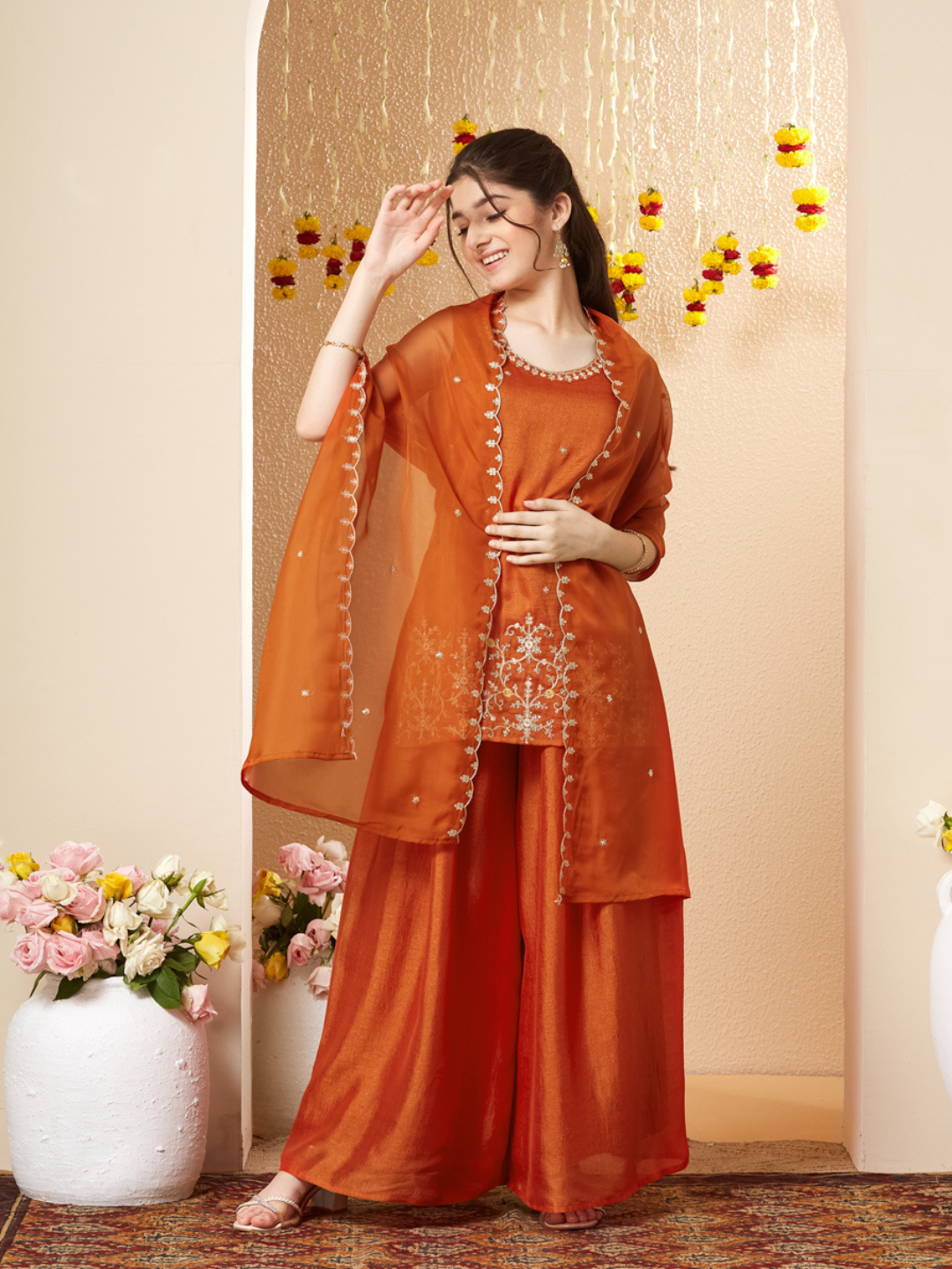 Orange Embroidered Silk Top with Sharara Set for girls