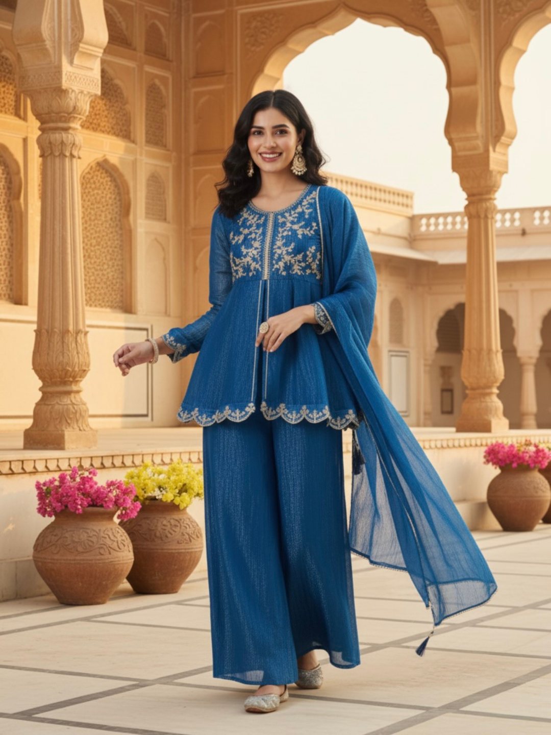 Royal Blue Silk Embroidered Top Sharara Set with Dupatta