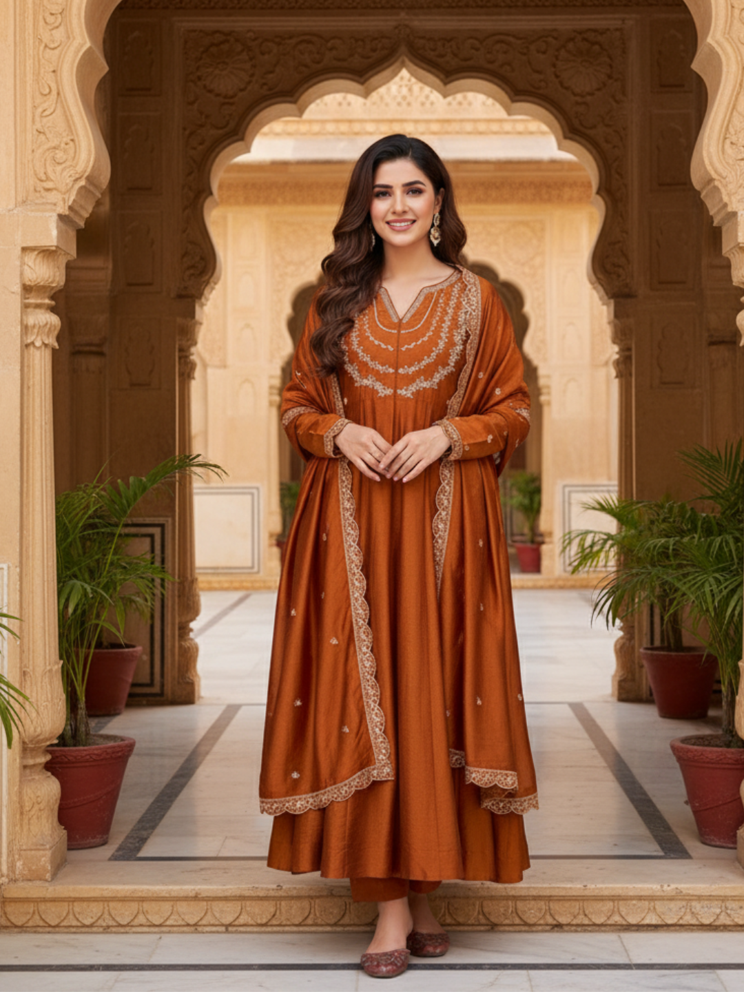 Rust Embroidered Silk Blend Anarkali Kurta With Dupatta Set