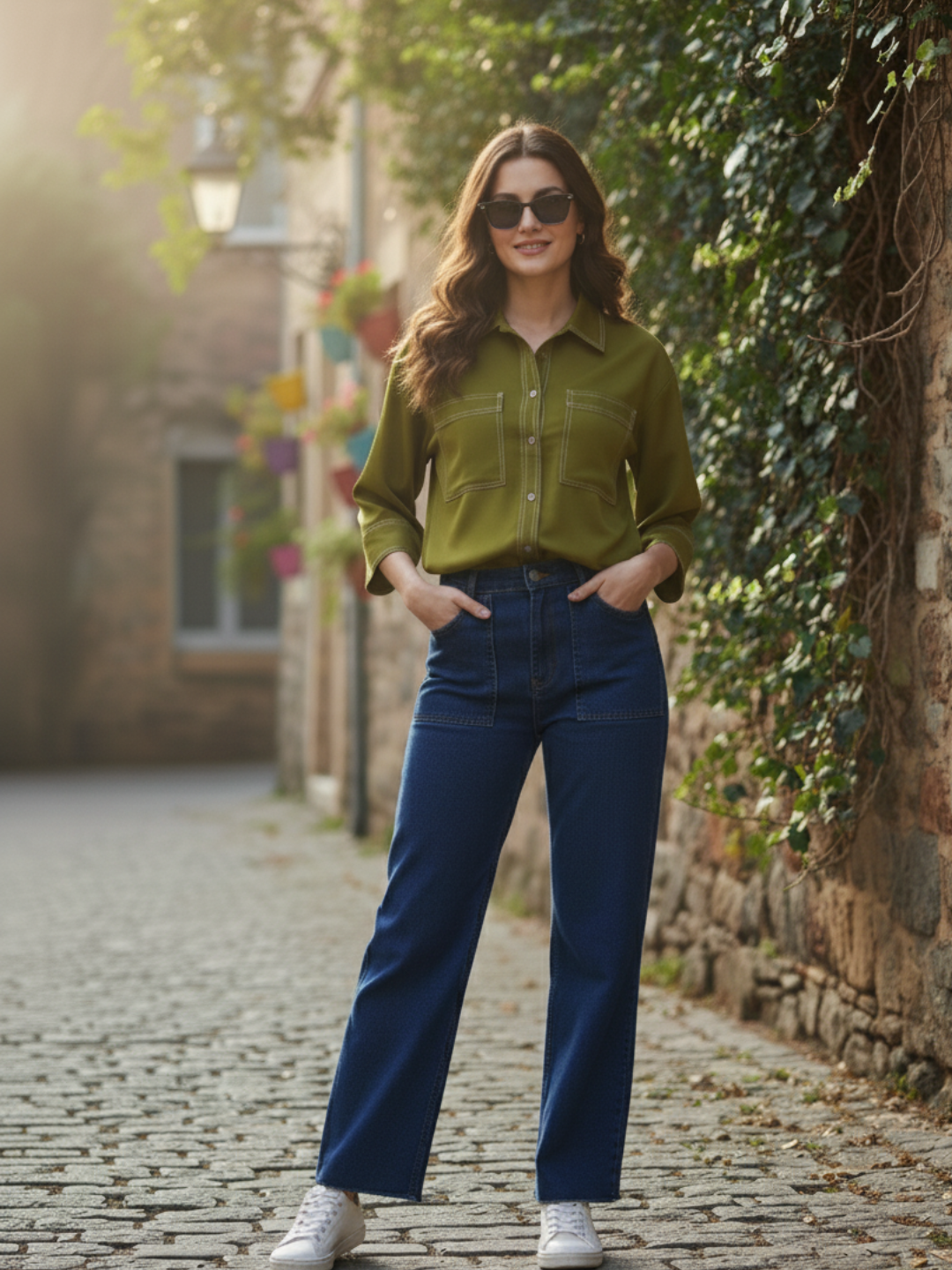 Green Crepe Plain Regular shirt for woman