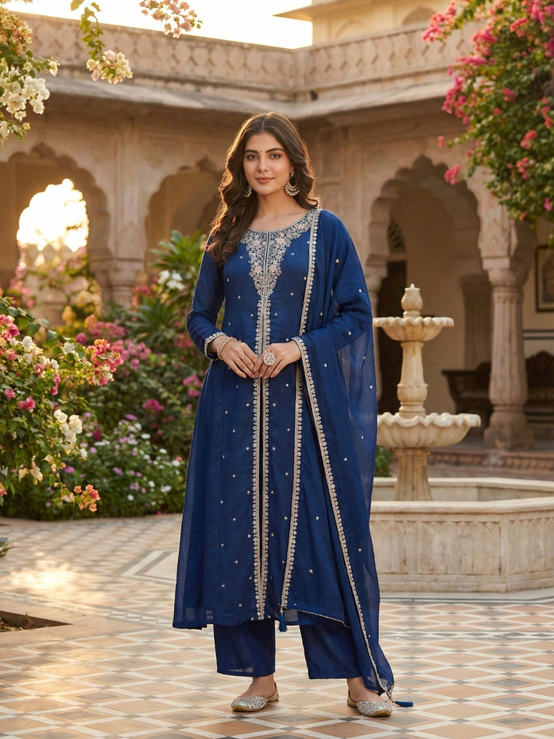 Teal Blue Embroidered Silk Anarkali Kurta With Dupatta Set