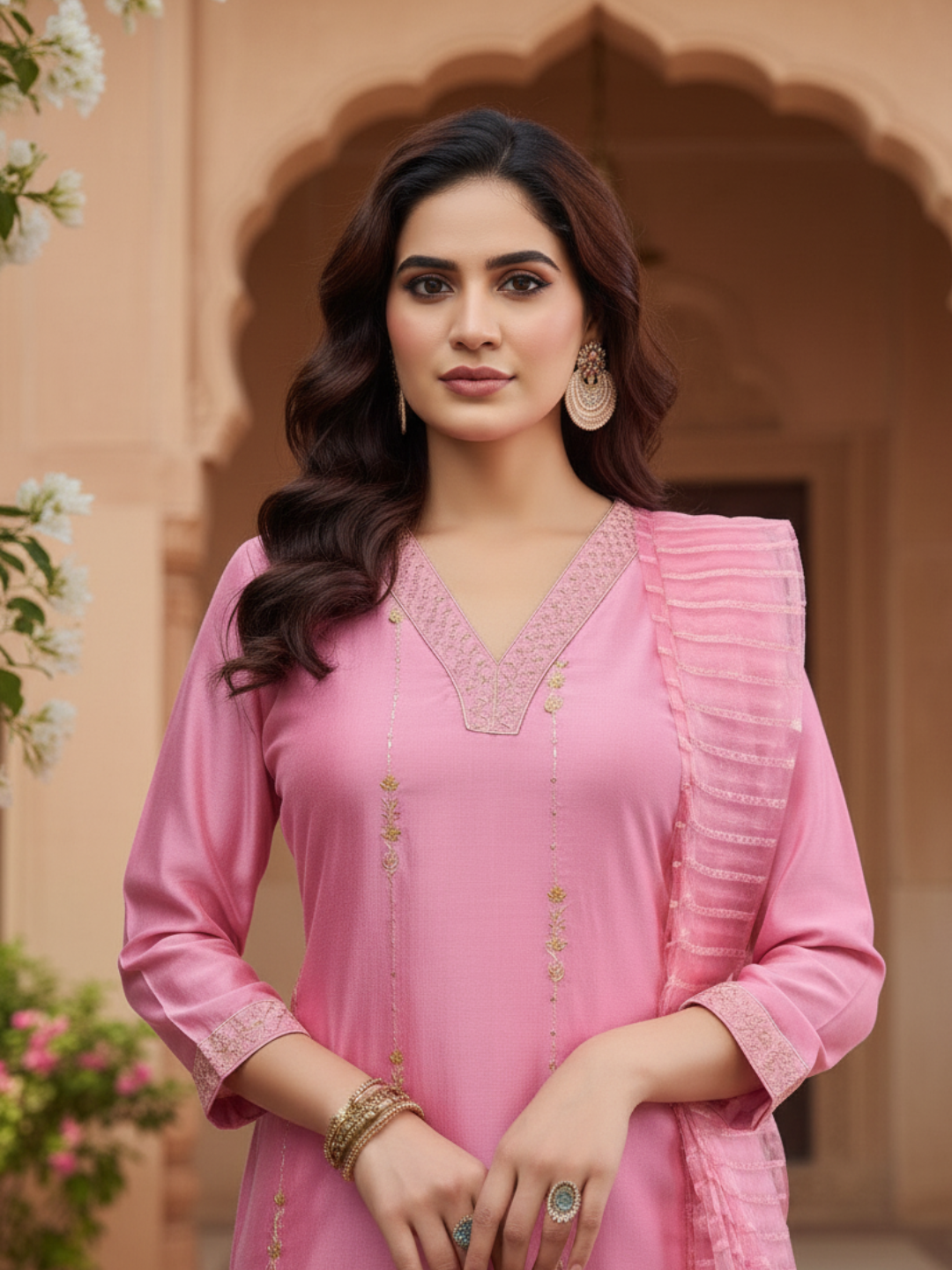 Pink Embroidered Silk Kurta with Dupatta Set