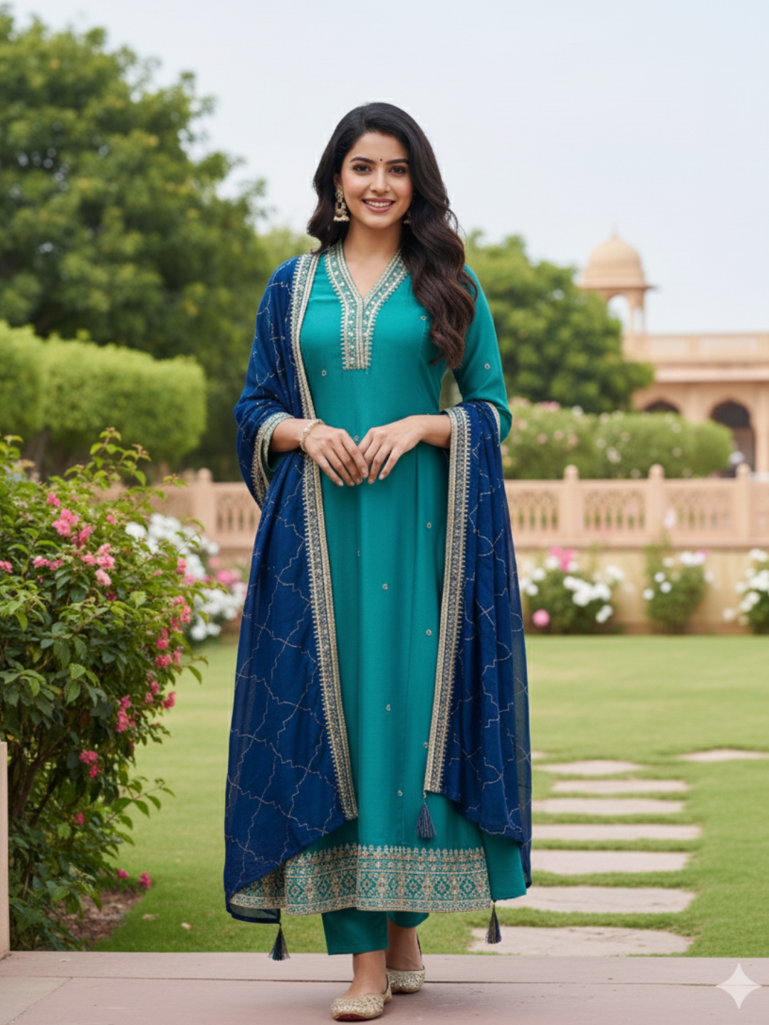 Firozi Embroidered Silk Anarkali Kurta With Dupatta Set