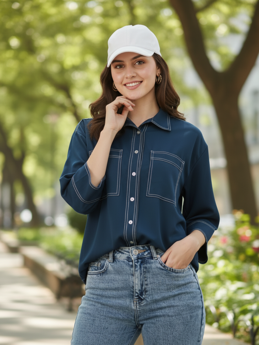 Navy Blue Crepe Plain Regular shirt for woman