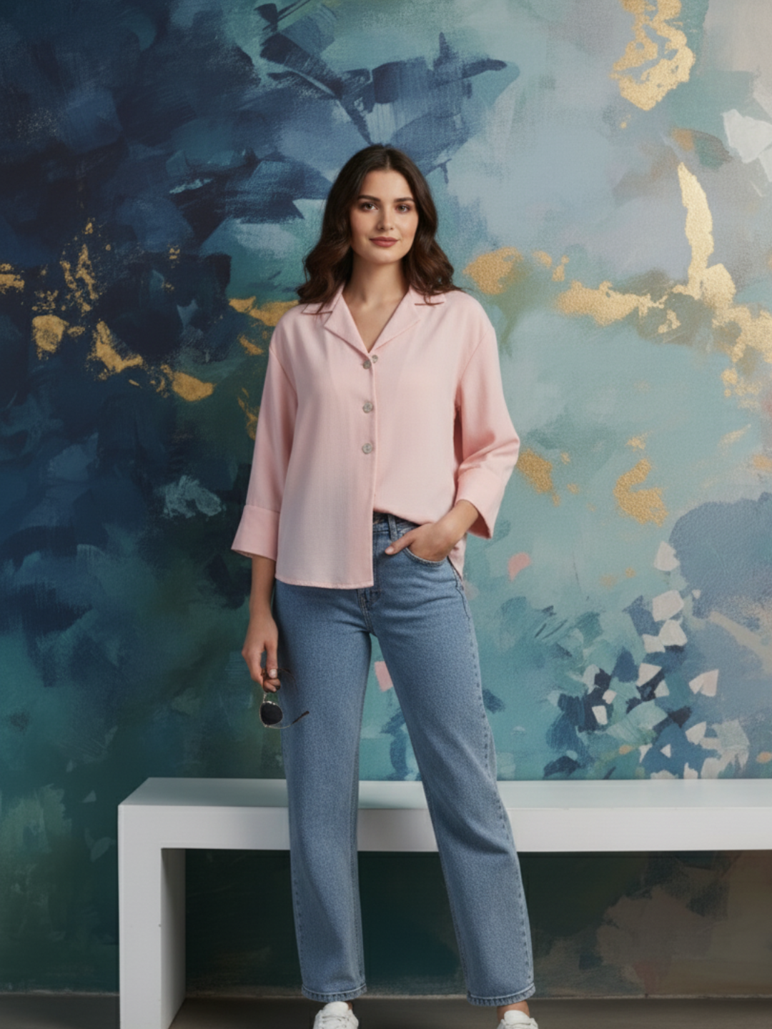 Women Pink Cotton Blend Plain Regular 3/4 Sleeve Shirt