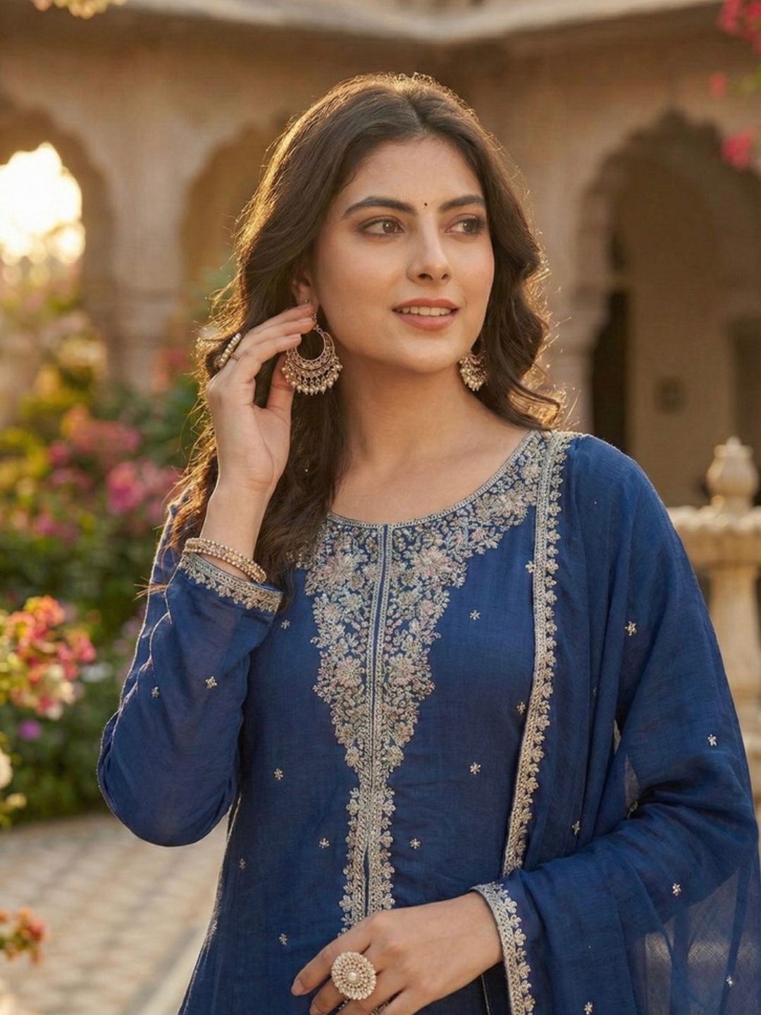Teal Blue Embroidered Silk Anarkali Kurta With Dupatta Set