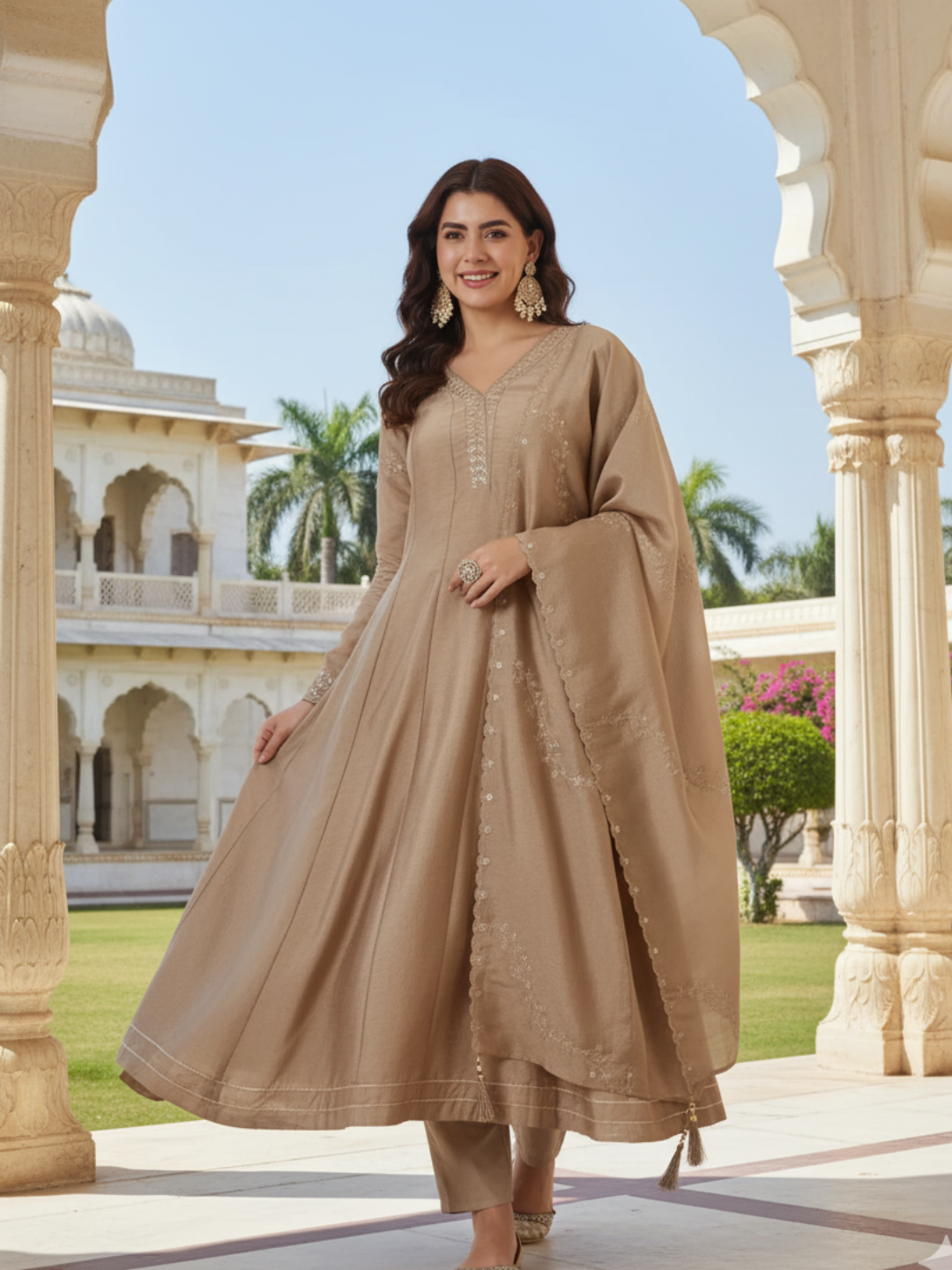 Beige Silk Embroidered Anarkali Kurta with Dupatta Set