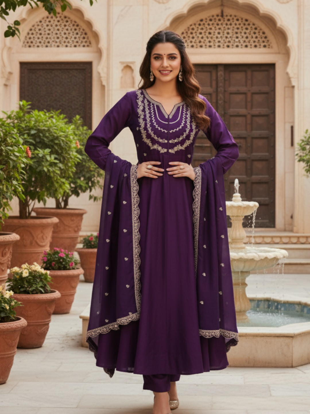 Violet Embroidered Silk Blend Anarkali Kurta With Dupatta Set
