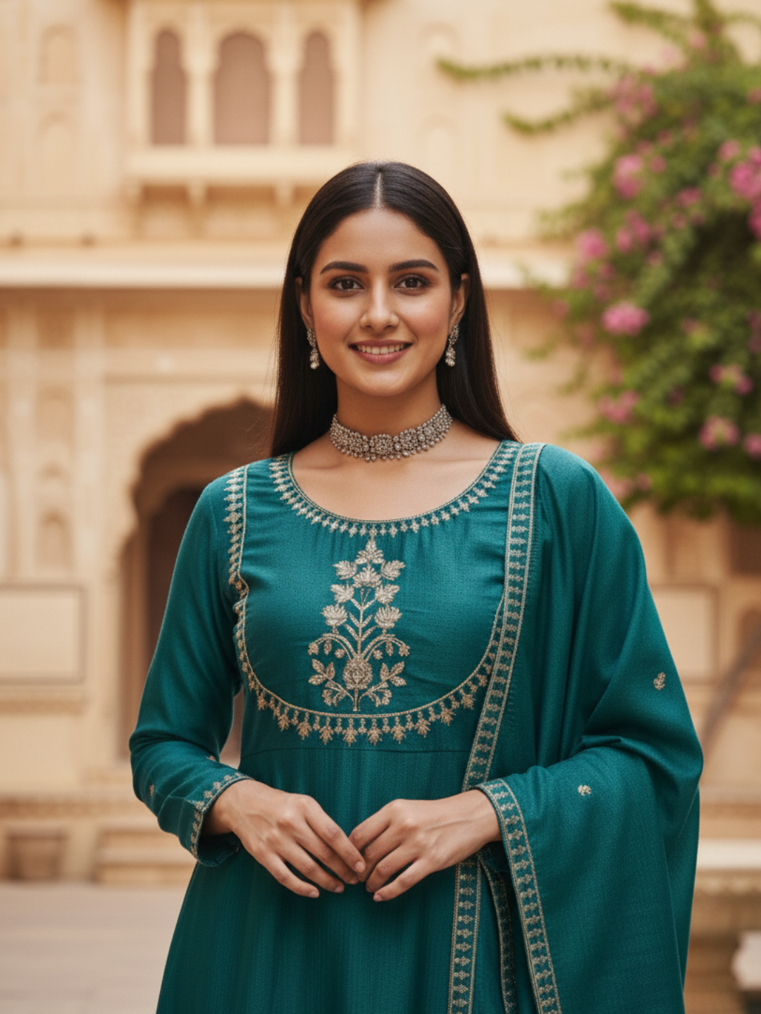 Rama Embroidered Silk Anarkali Kurta With Dupatta Set