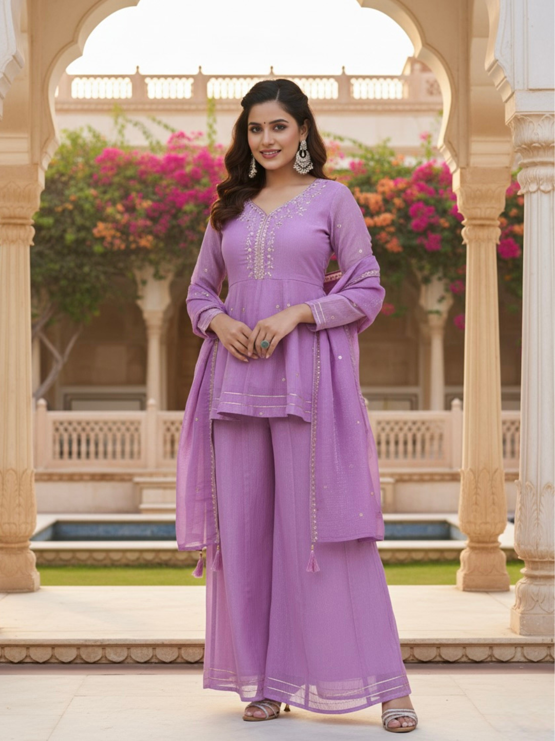 Lavender Embroidered Peplum Top with Sharara Set