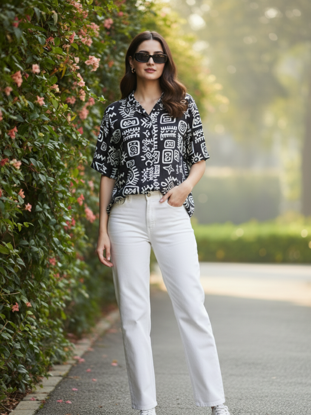 Women Black Rayon Print Regular shirt