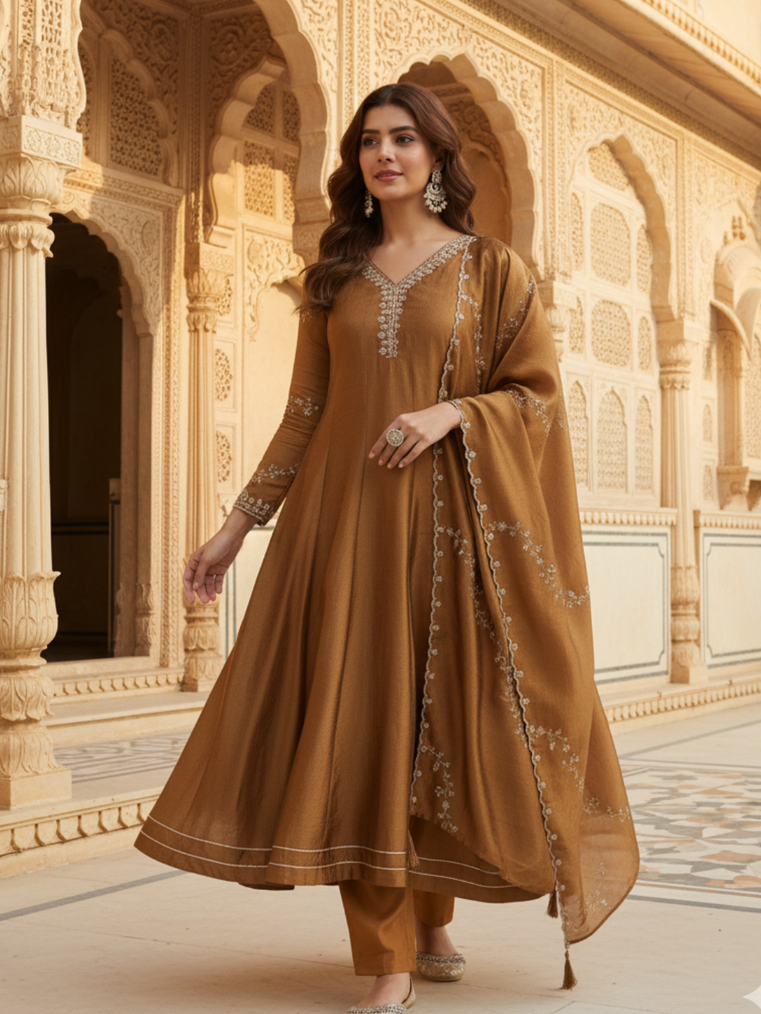 Golden Silk Embroidered Anarkali Kurta with Dupatta Set