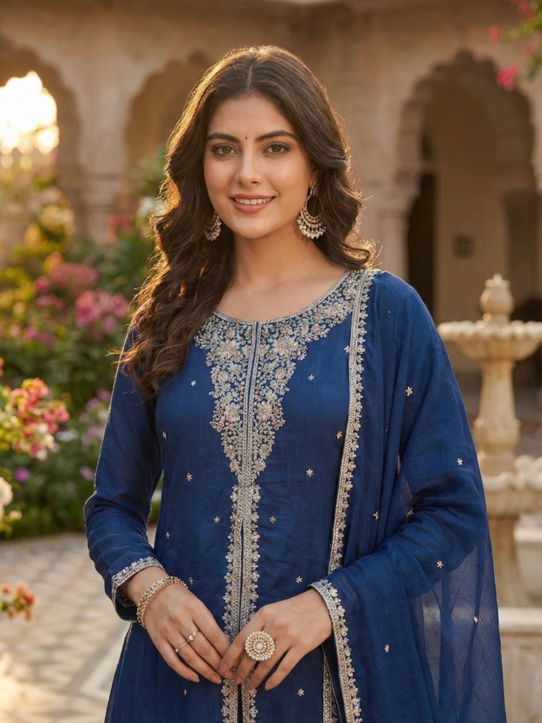 Teal Blue Embroidered Silk Anarkali Kurta With Dupatta Set