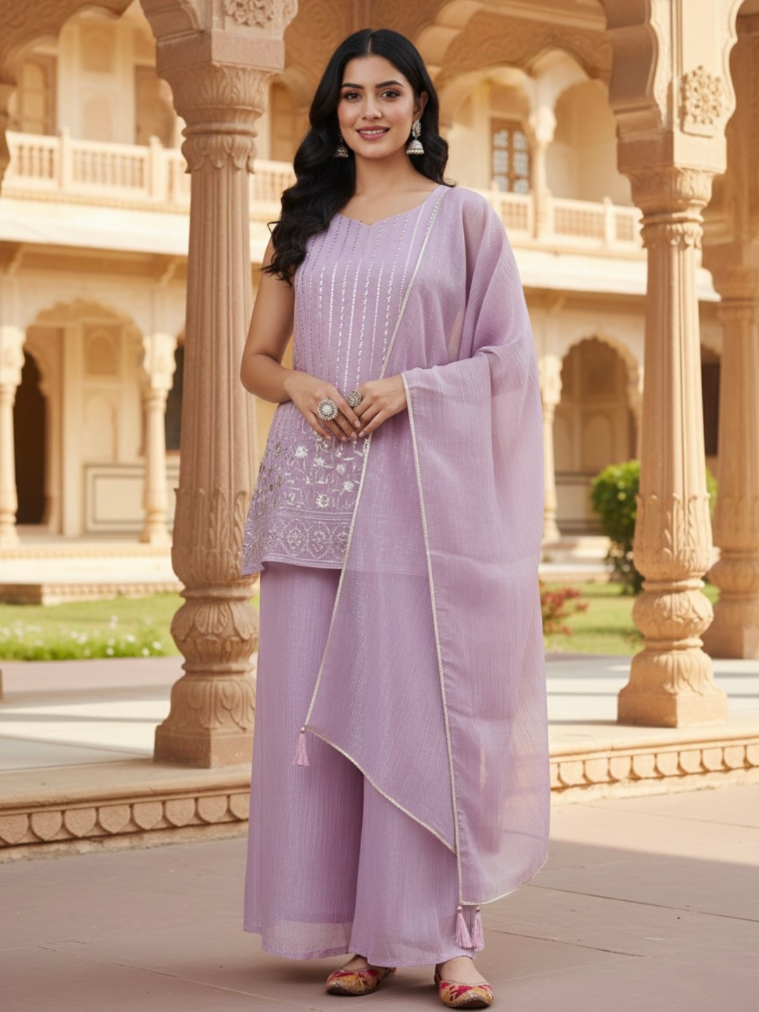Lavender Silk Embroidered Palazzo Suit with Dupatta