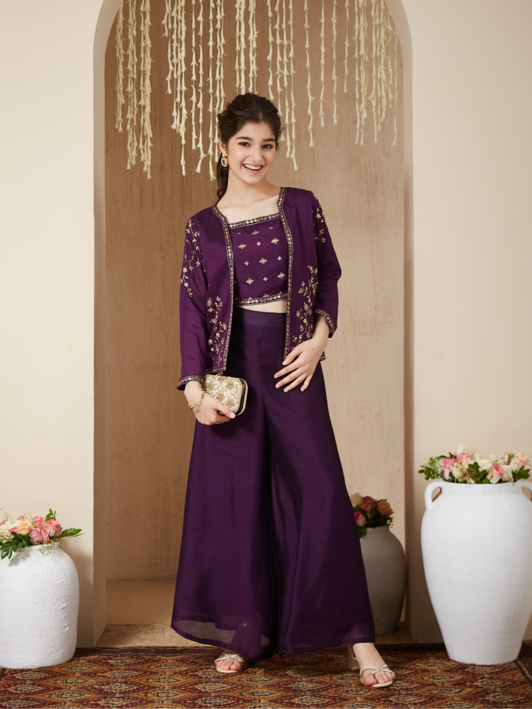Violet Silk Embroidered Top, Palazzo & Shrug Set for Girls