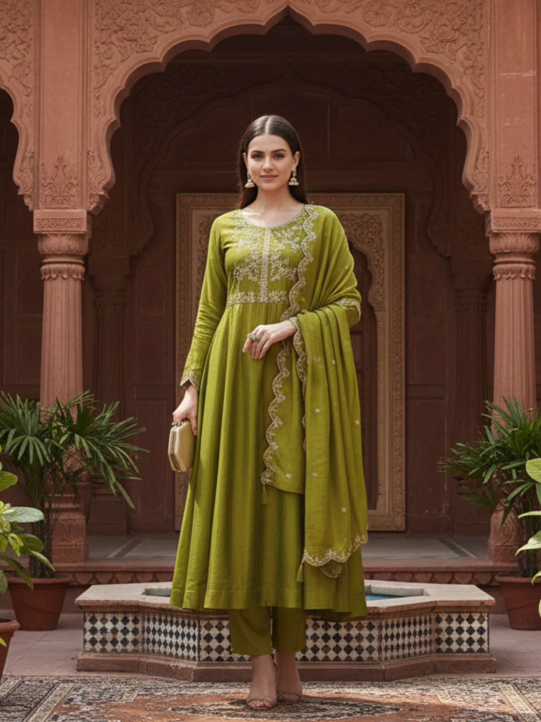 Green Silk Embroidered Anarkali Kurta And Dupatta set