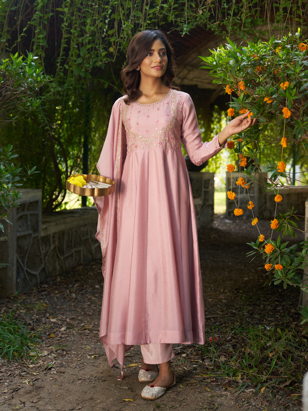 Rose Pink Embroidered Silk Anarkali Kurta With Dupatta Set | full front side image