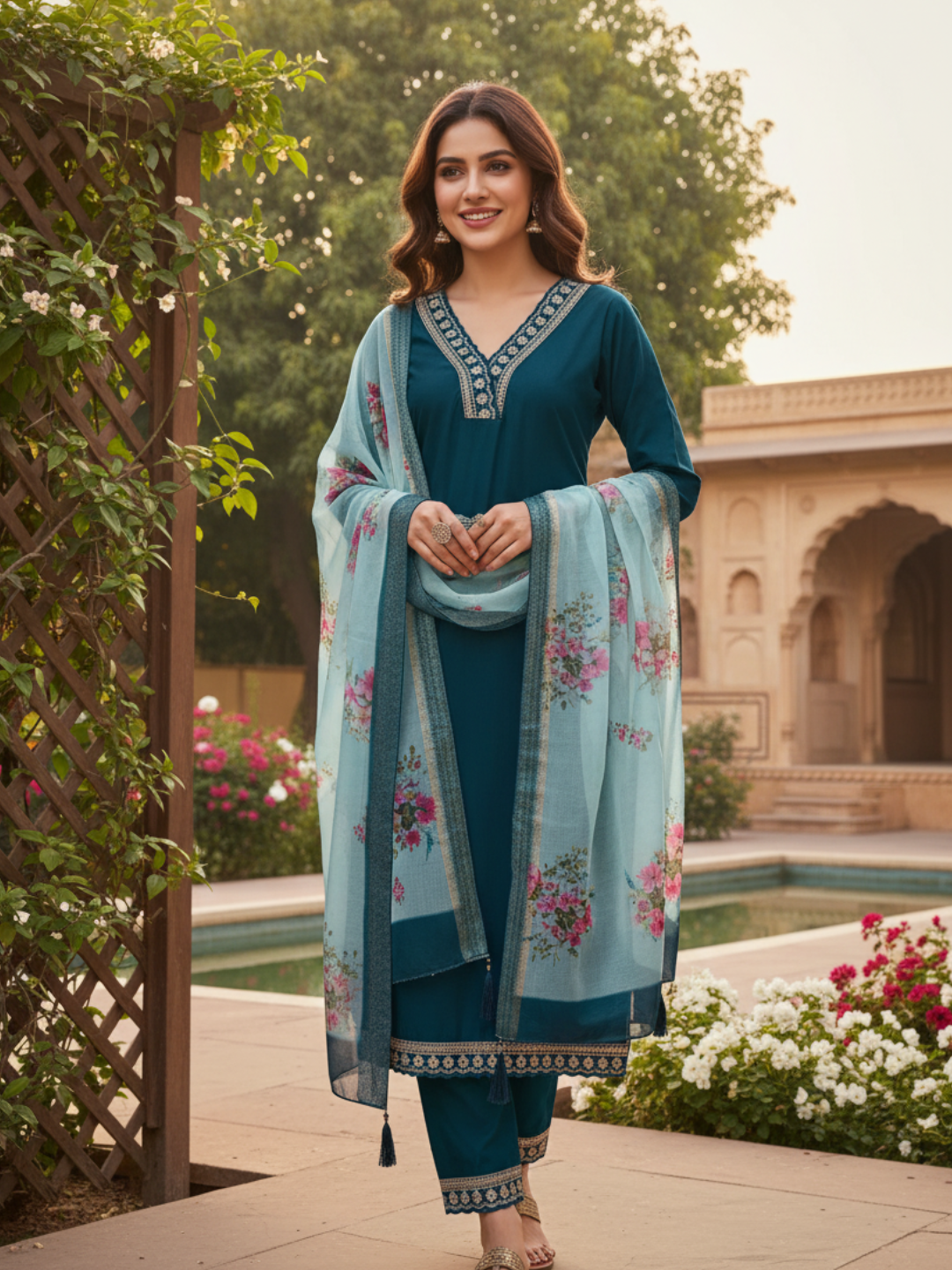 Teal Blue Embroidered Chanderi Viscose Straight Suit With Dupatta