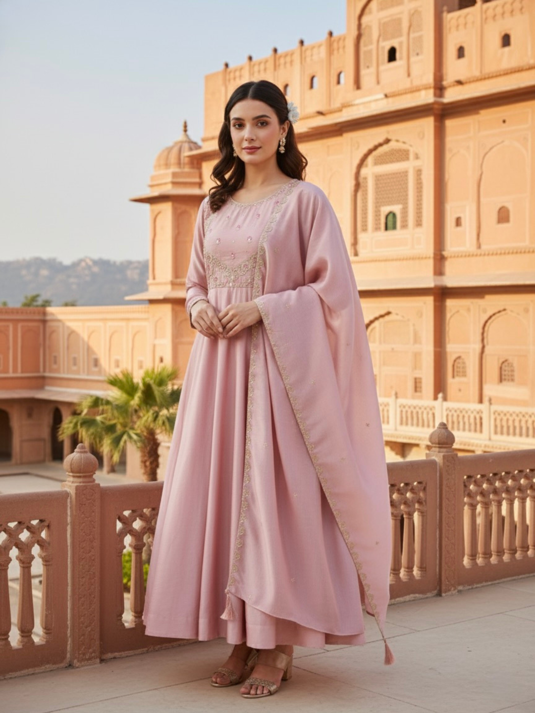 Rose Pink Embroidered Silk Anarkali Kurta With Dupatta Set
