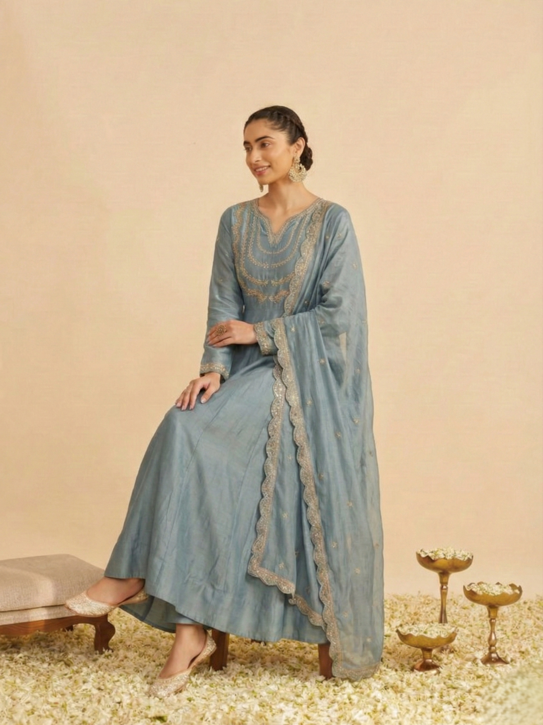 Sky Blue Embroidered Silk Blend Anarkali Kurta With Dupatta Set