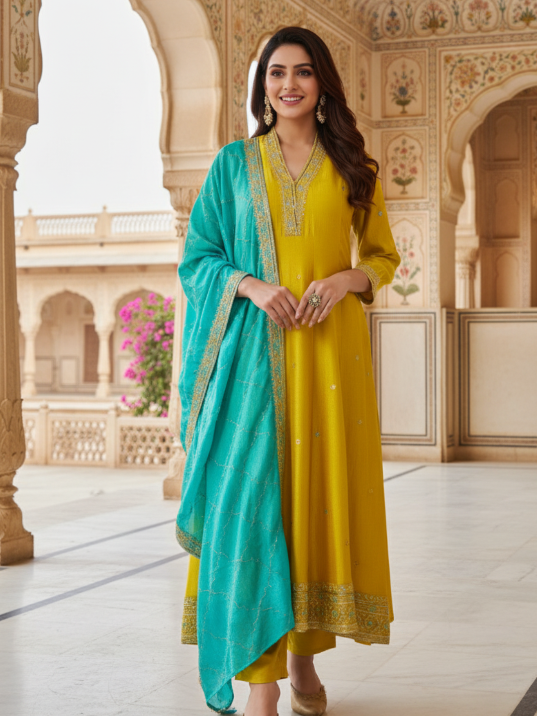 Lemon Yellow Embroidered Silk Anarkali Kurta With Dupatta Set