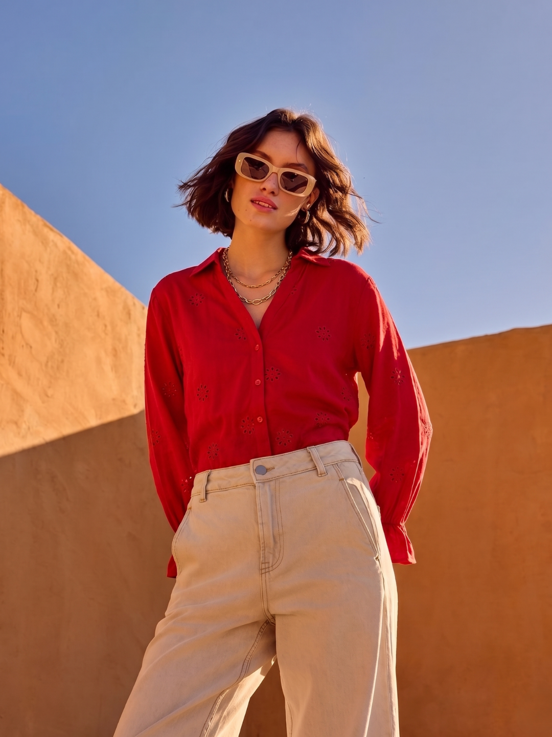 Trendy Red Cotton Embroidered Everyday Fashion Shirt For Women