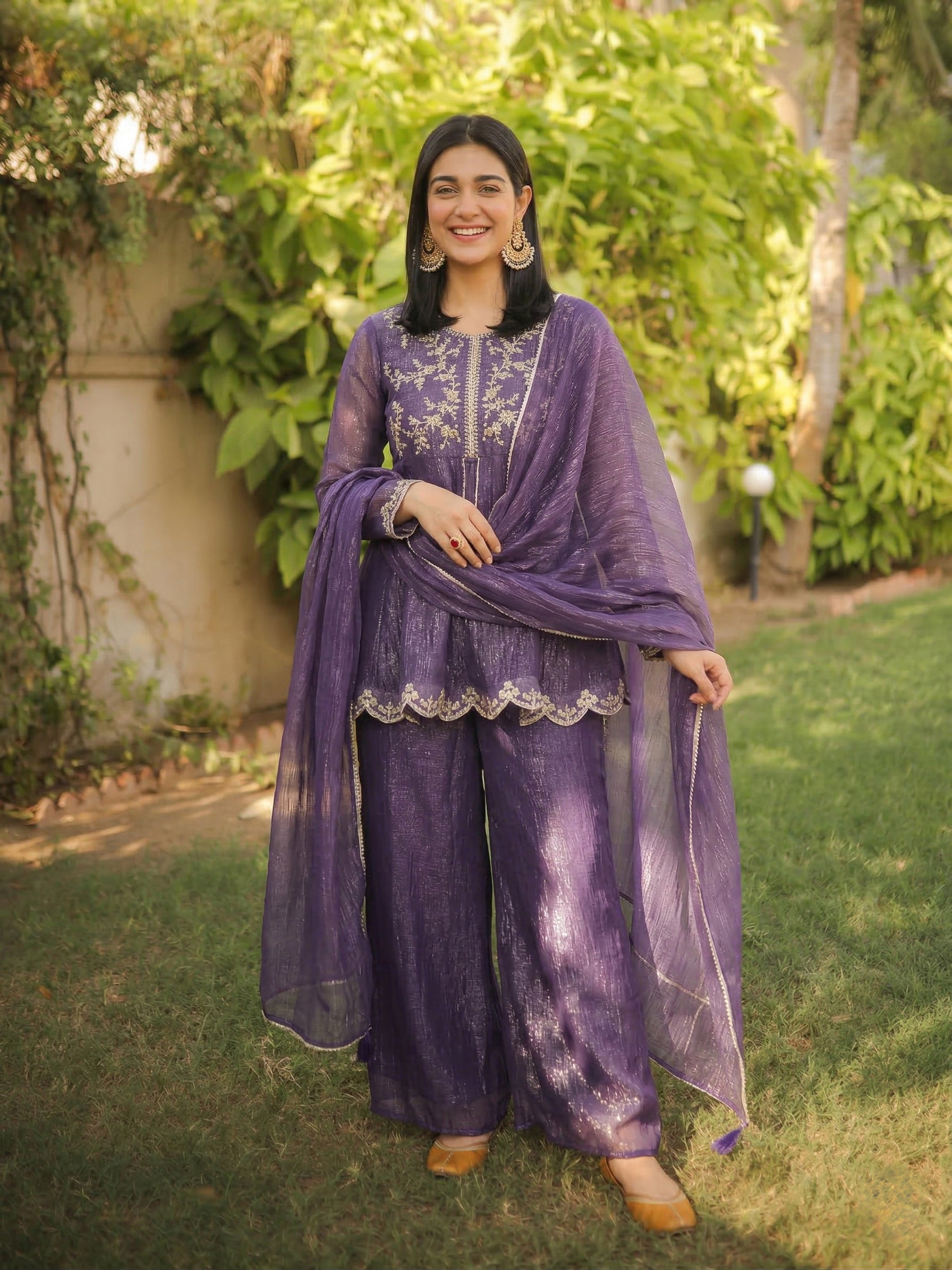 Voilet Silk Embroidered Top Sharara Set with Dupatta