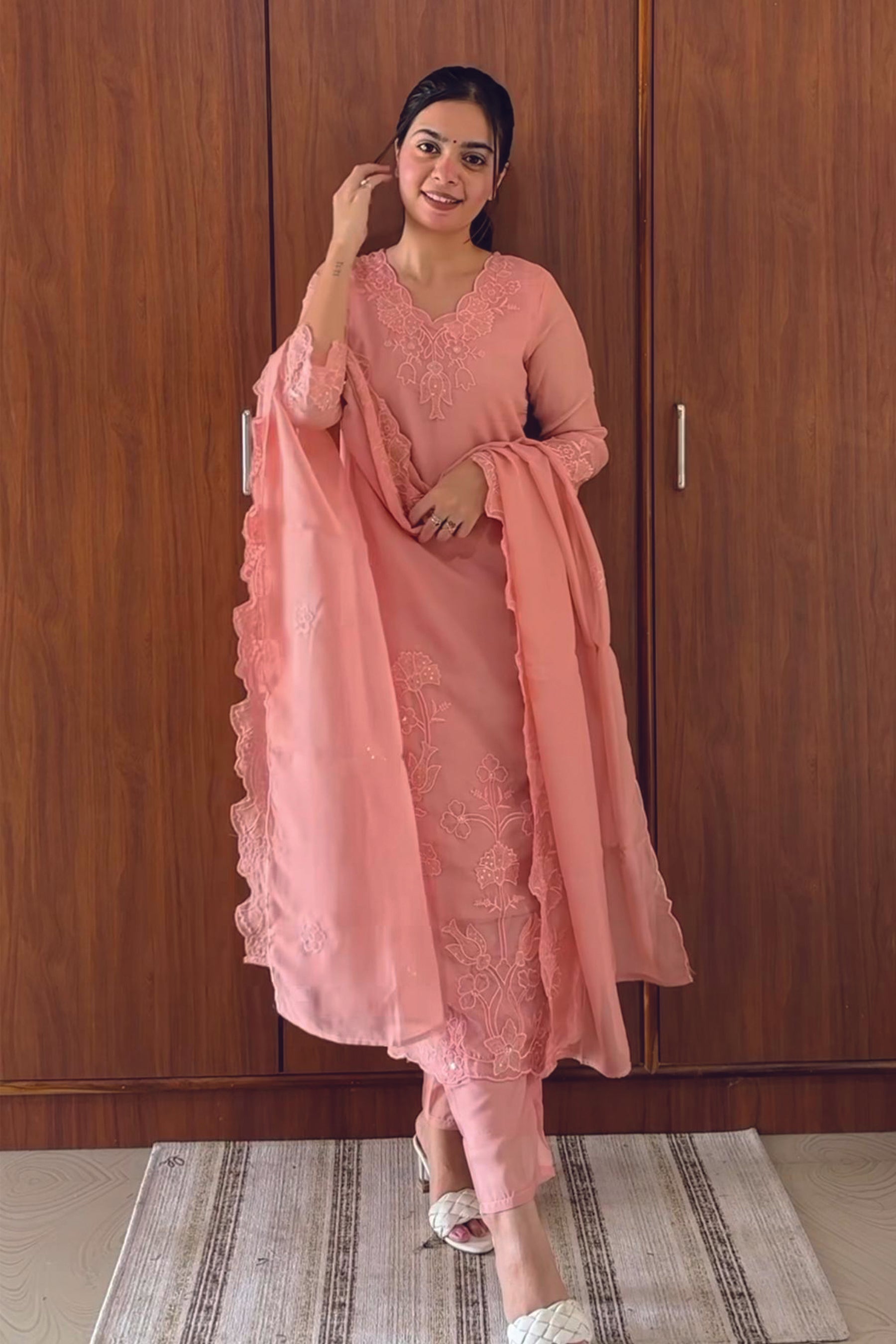 Peach Chinon Embroidered Straight Kurta With Dupatta