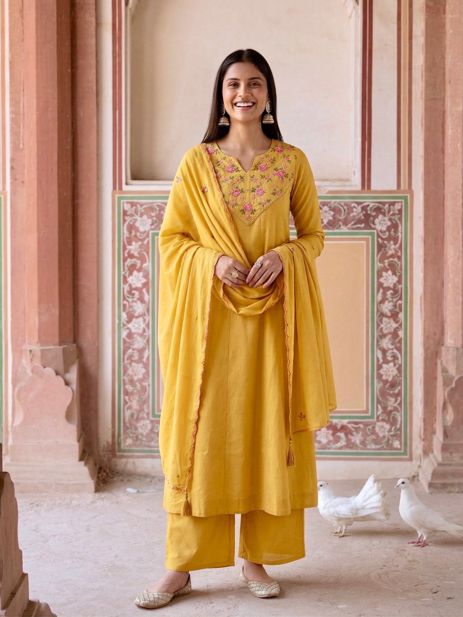 Women’s Yellow Embroidered Cotton Anarkali Kurta set With Dupatta