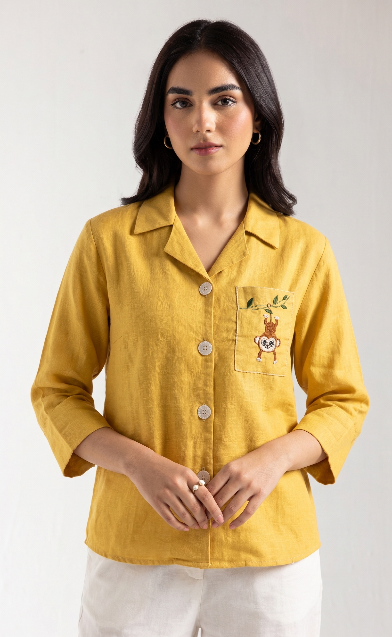 Yellow Cotton Embroidered Casual Shirt For Women
