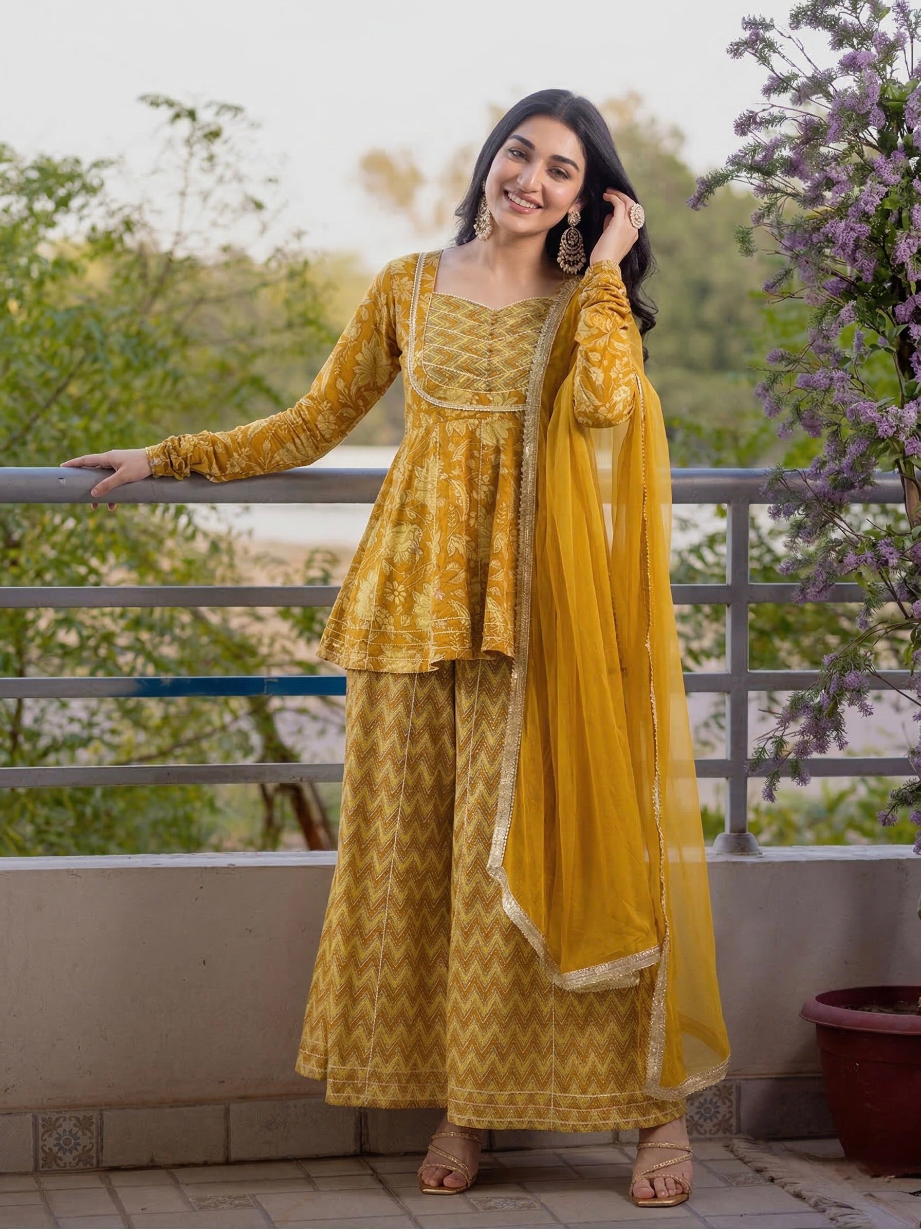 Yellow Cotton Printed Floral Kurta with Zigzag Palazzo & Dupatta