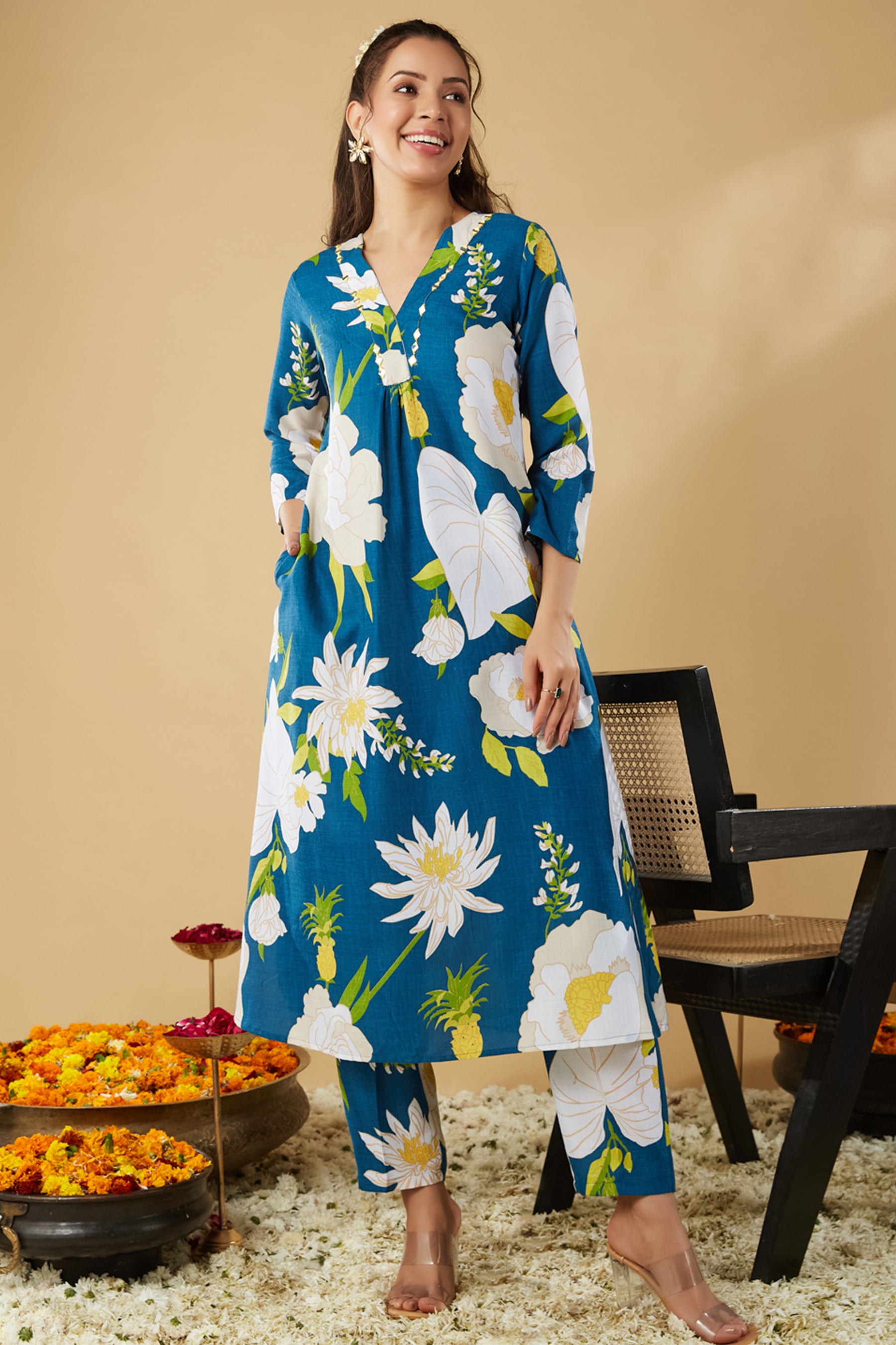 Blue Printed Cotton Ethnic Co-Ords