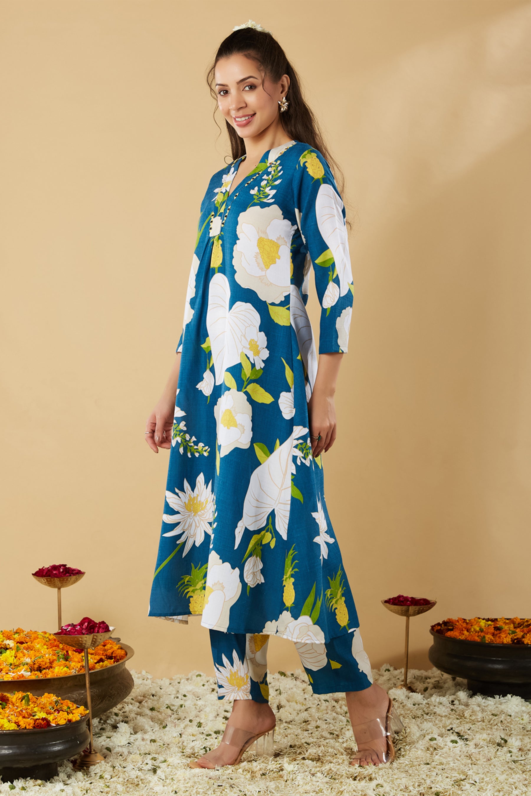 Blue Printed Cotton Ethnic Co-Ords