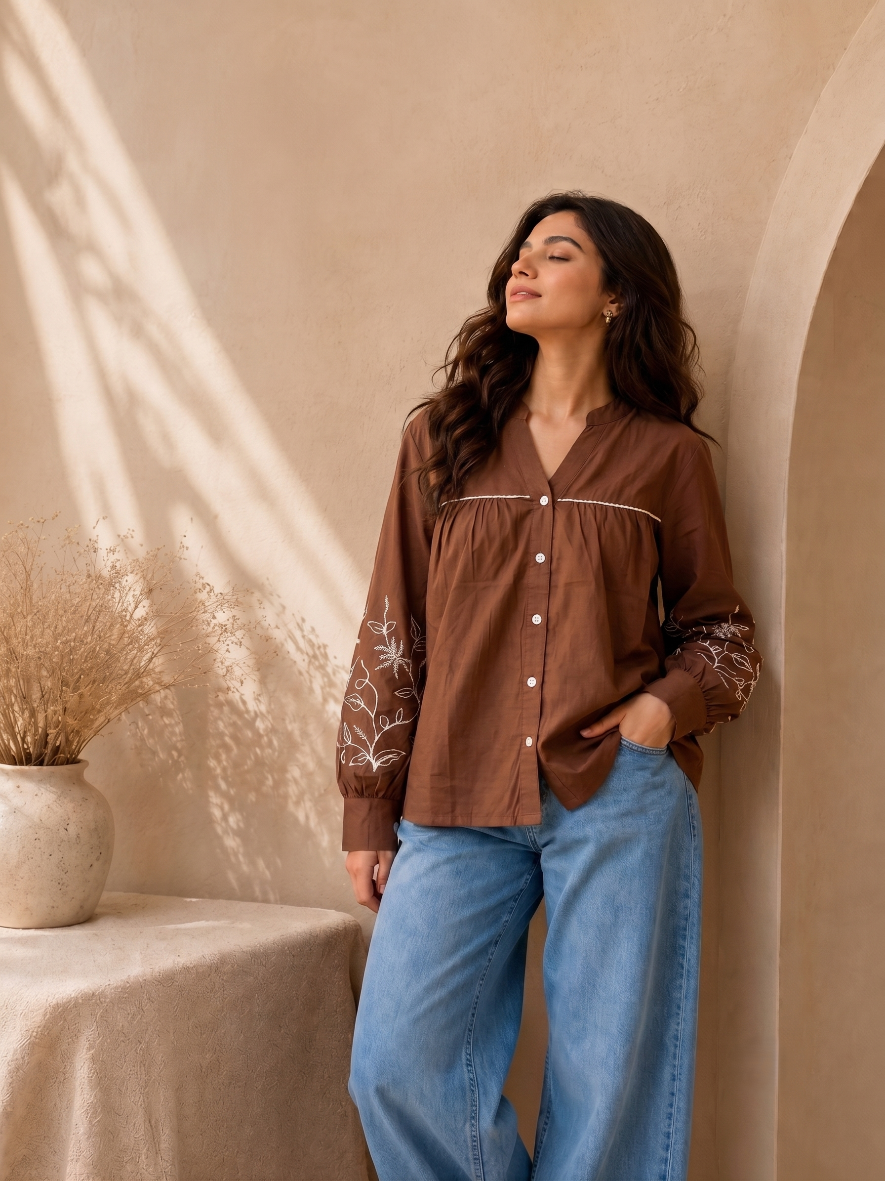 Coffee Cotton Handwork Embroidered Casual Shirt for Women