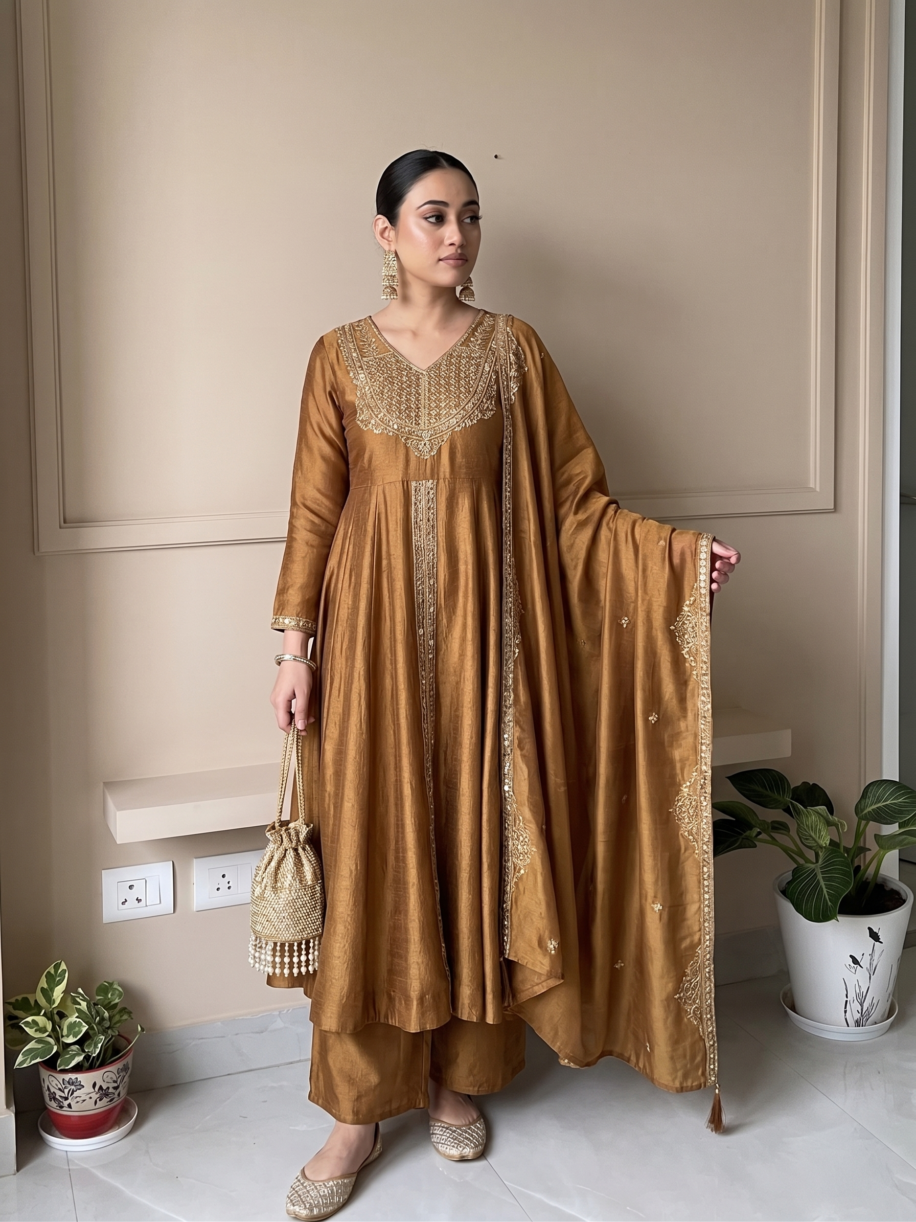 Golden Silk Embroidered Anarkali Suit Set with Dupatta Golden Silk Embroidered Anarkali Suit Set with Dupatta