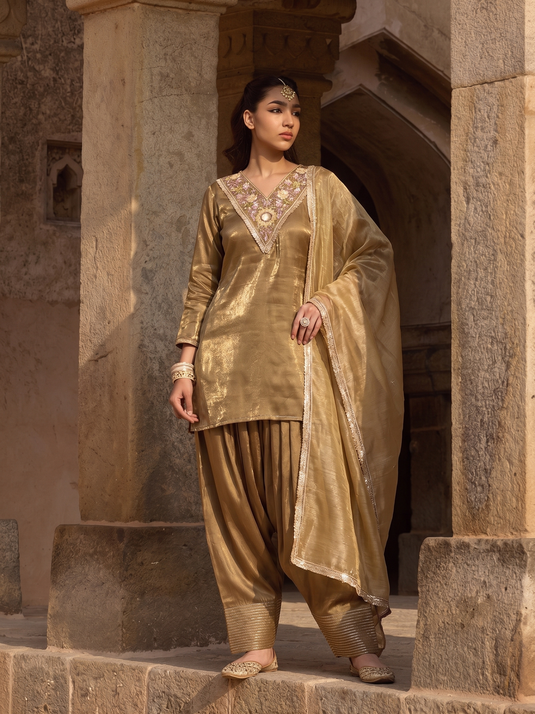 Brown Silk Embroidered Festive Kurta Palazzo Suit With Dupatta Set for women