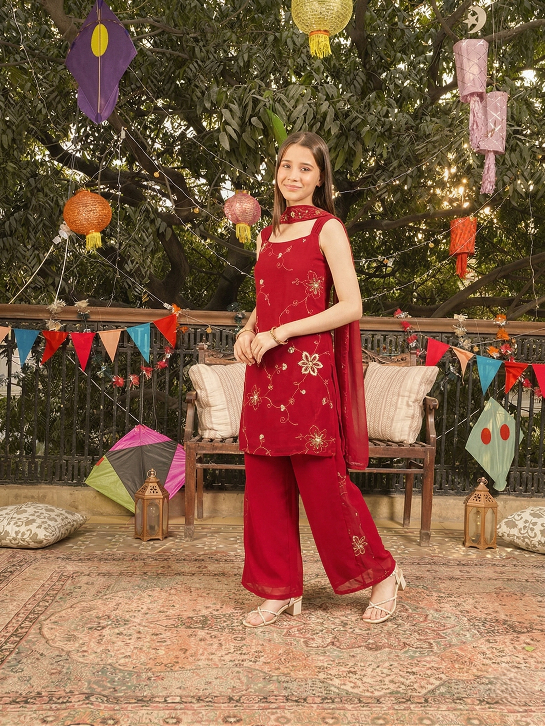Red Georgette Embroidered Kurta Palazzo & Dupatta Set for Girls