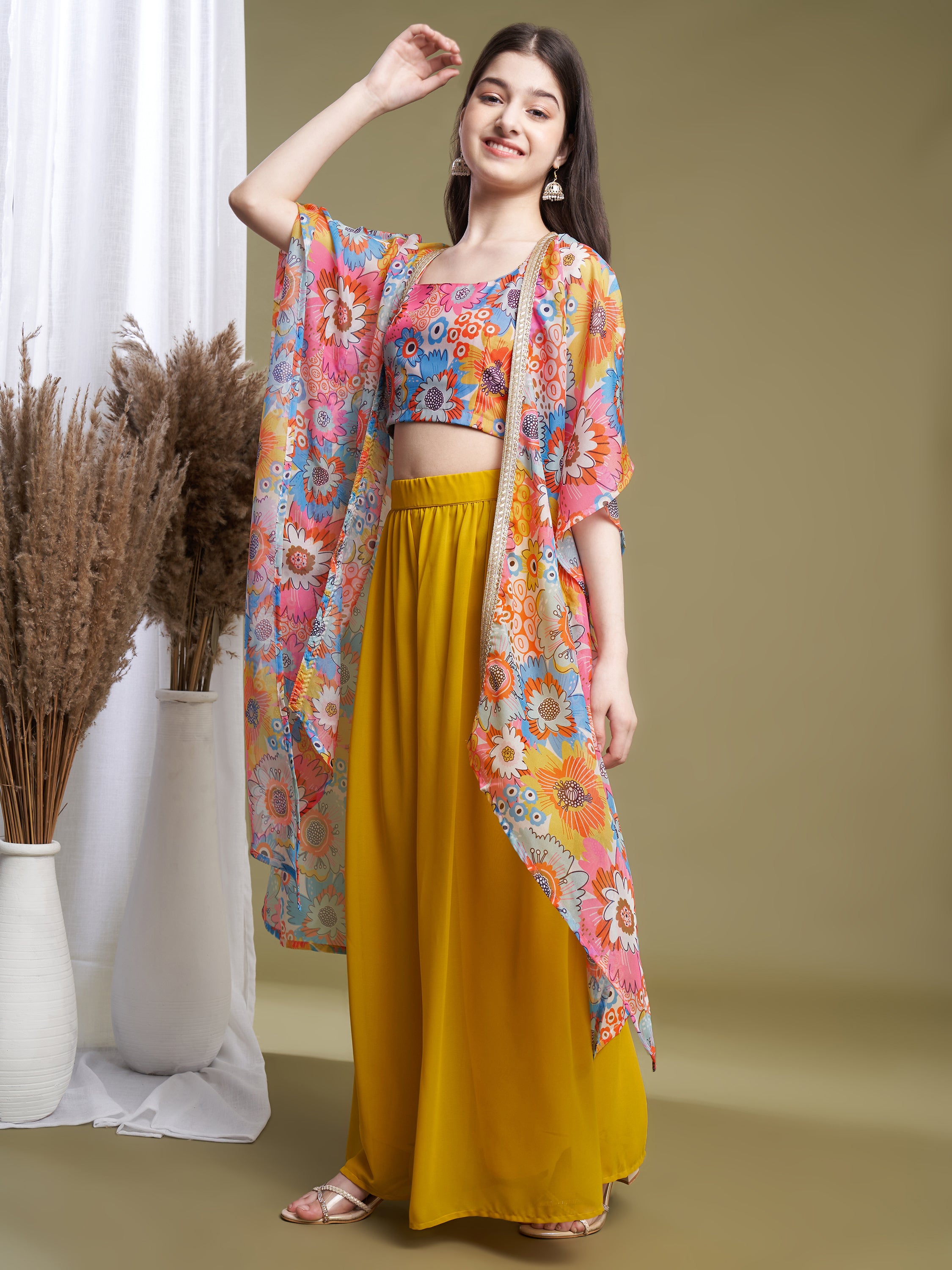 Printed Shrug For Girls Long Georgette Shrug Girls Multi-Yellow