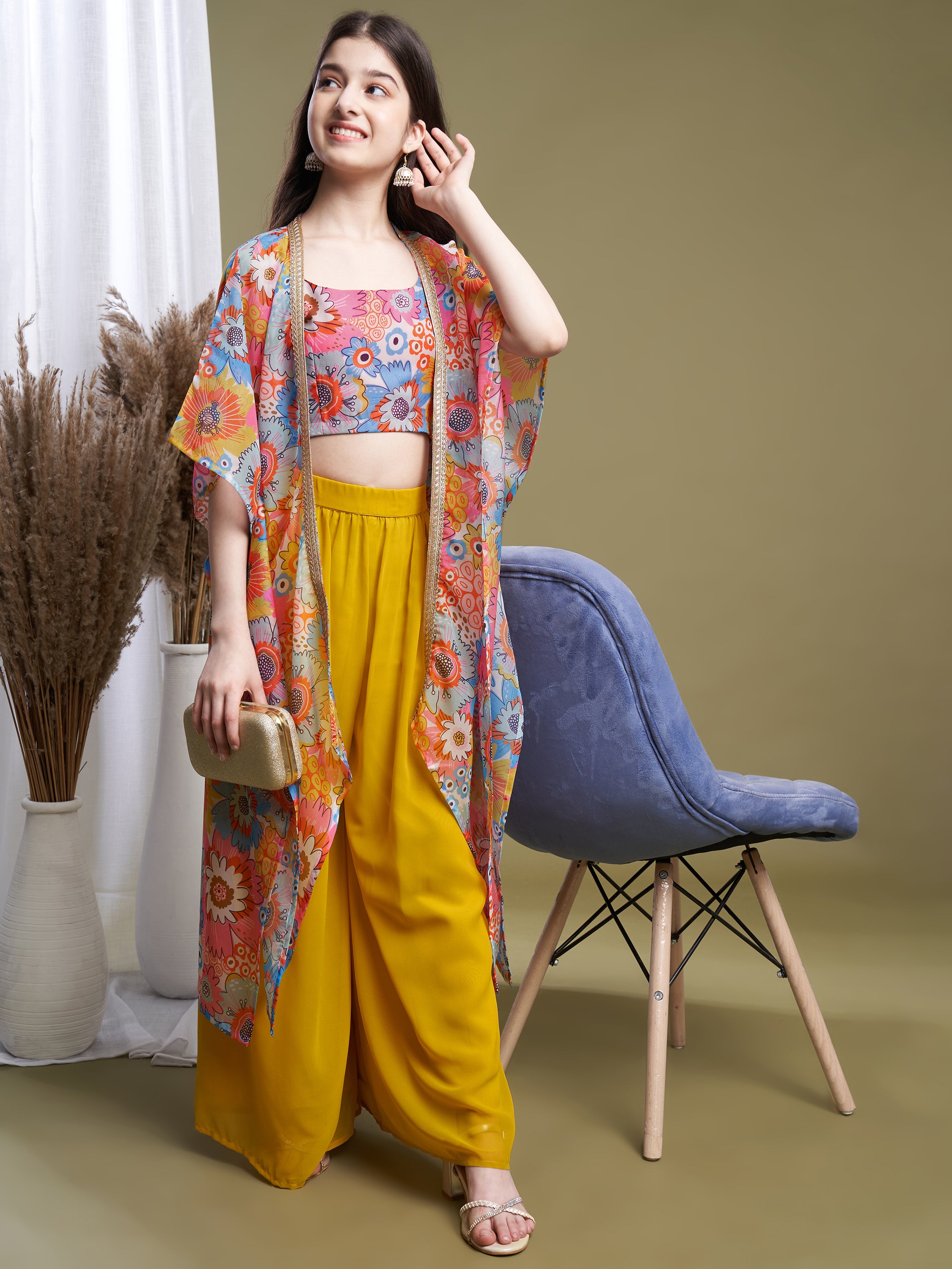 Dress Shrug Tops For Ladies Girls Multi-Yellow Georgette Printed